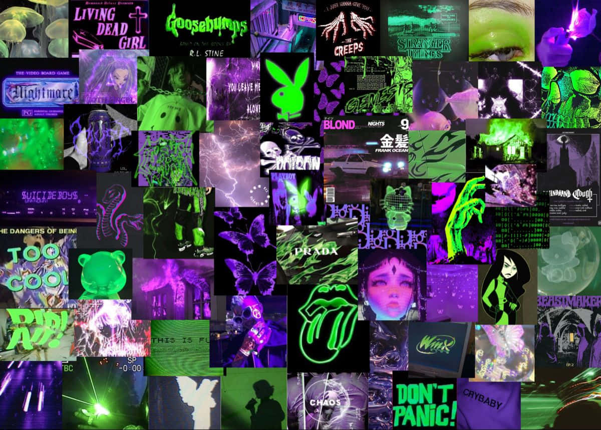 neon green, purple, horror and pop culture icons, SD Desktop Wallpaper
