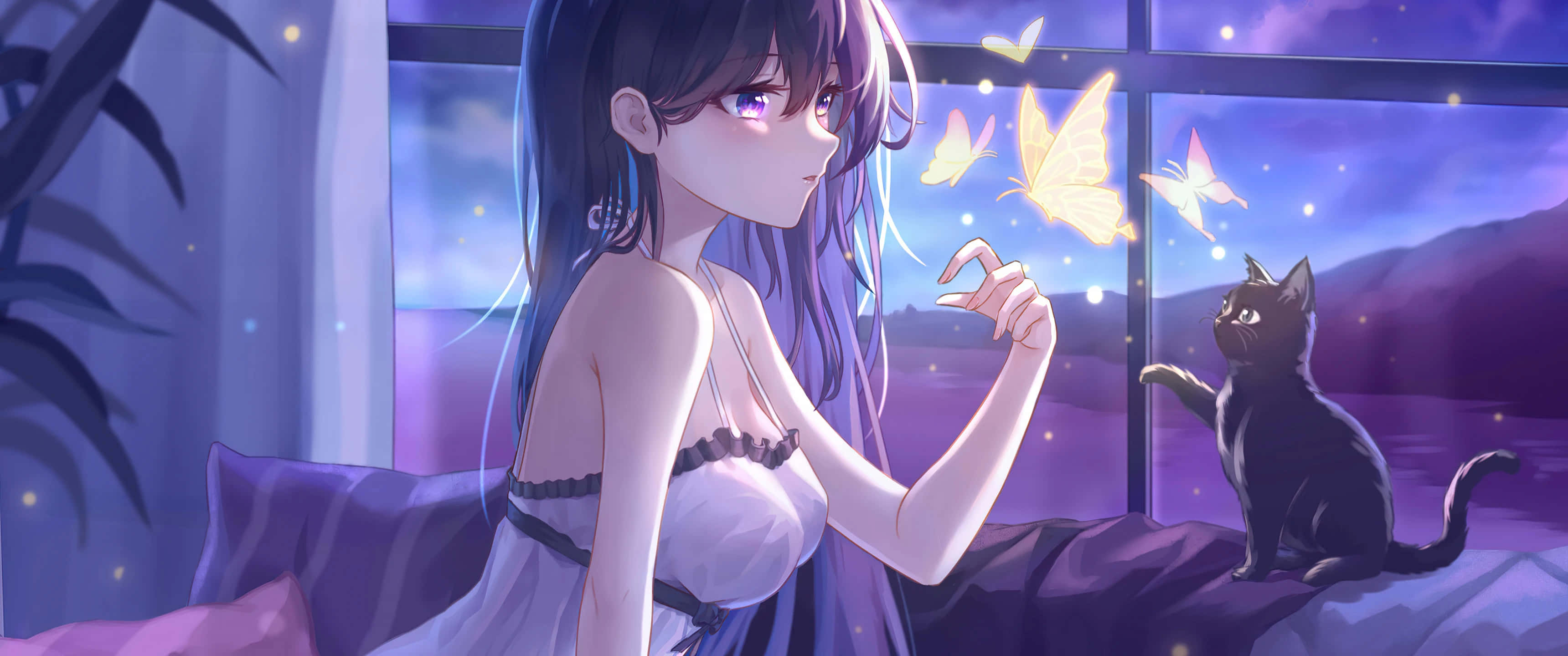 Purple Anime Girl, cat, magic butterflies, 2K Desktop Wallpaper