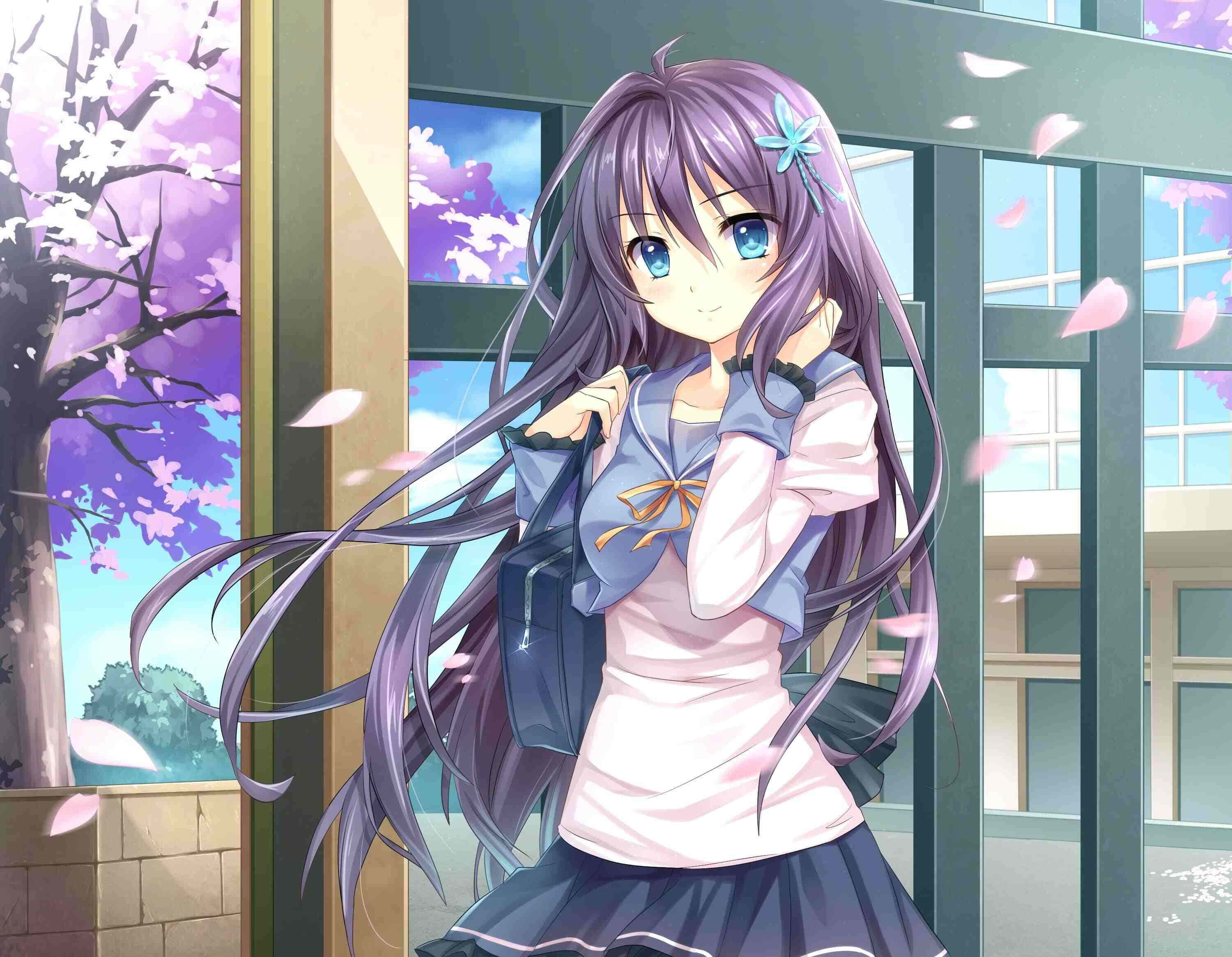purple-haired anime girl, school uniform, cherry blossoms, 2K Desktop Wallpaper