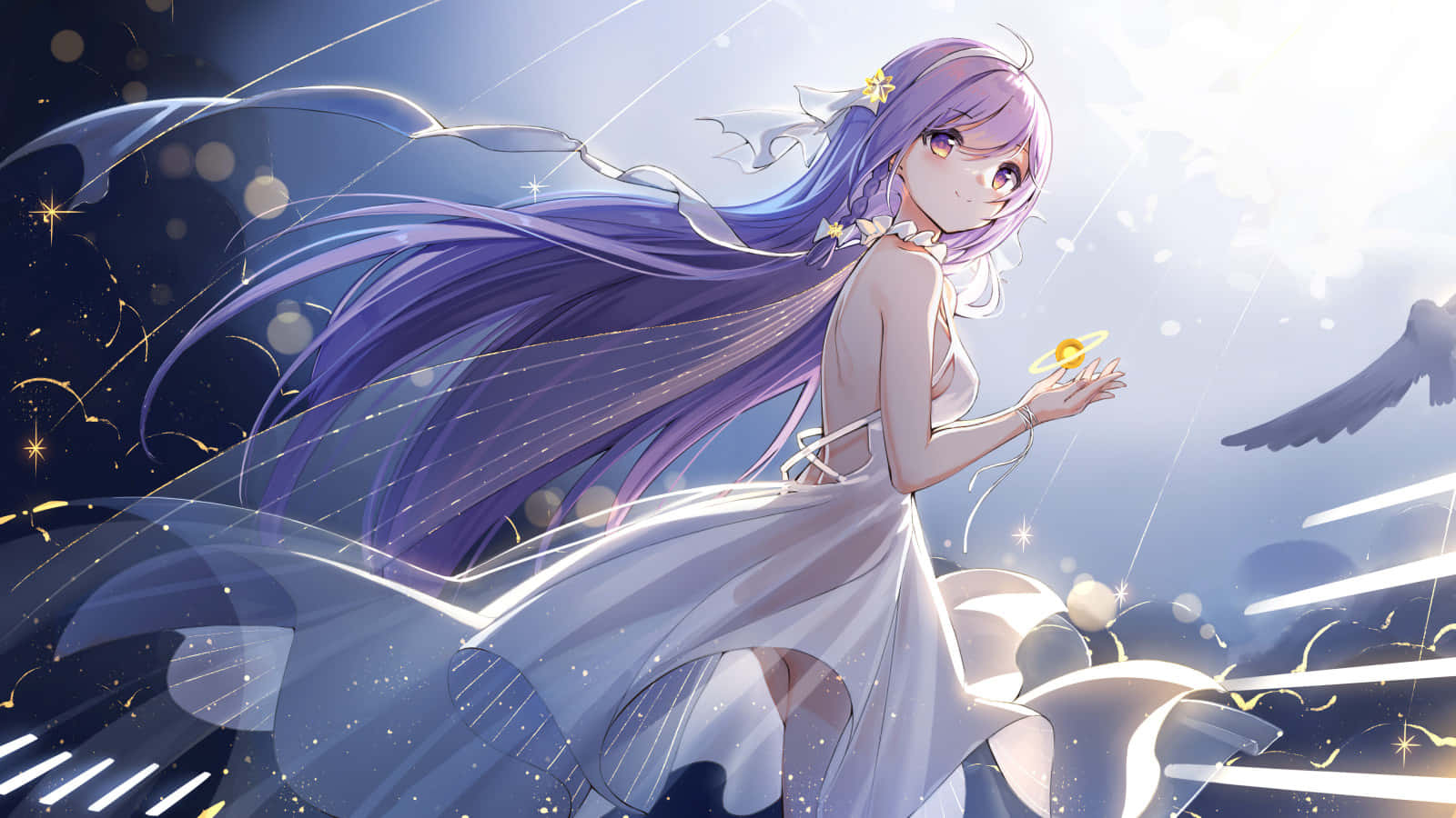 Starry Night, purple-haired anime girl, flowing white dress, HD Desktop Wallpaper