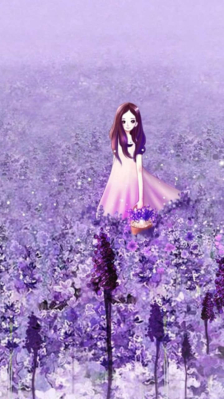 Purple Anime Girl, floral field, pink dress, HD Phone Wallpaper