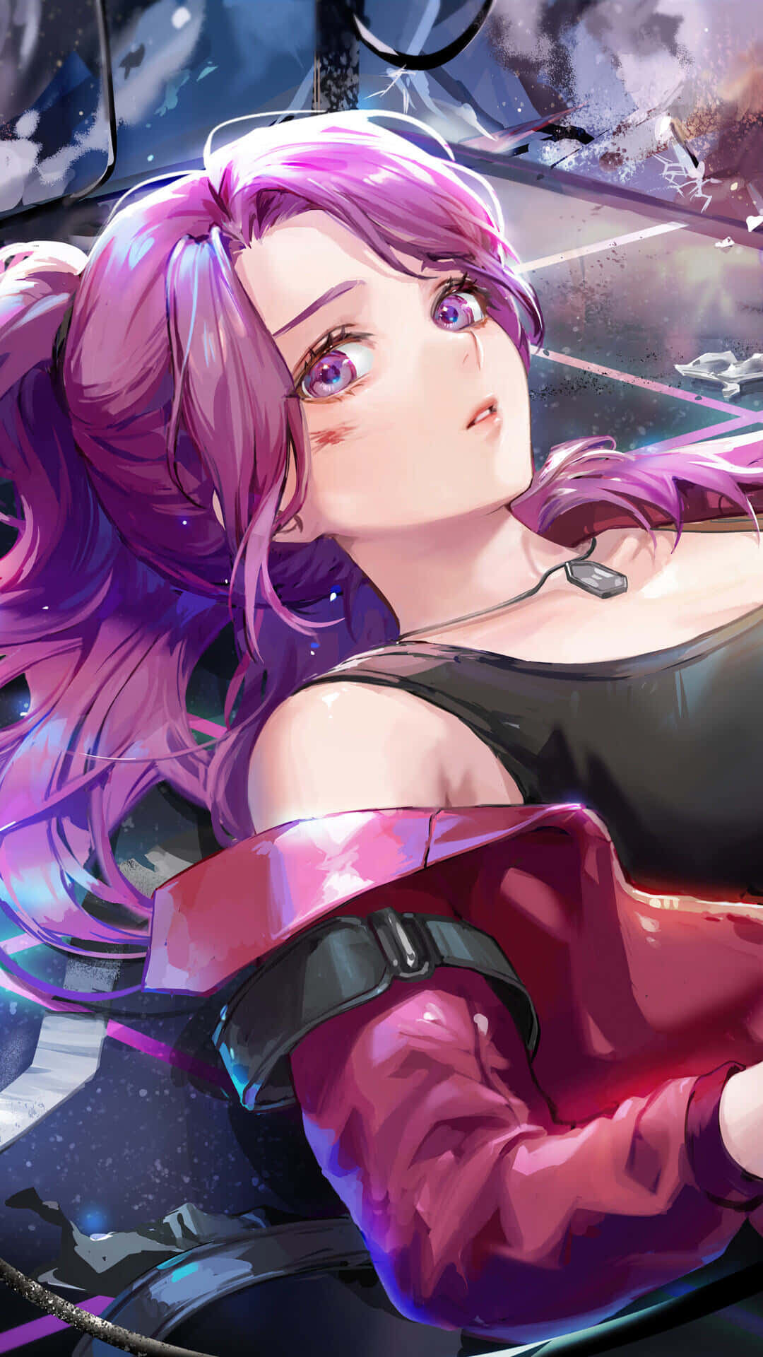 purple-haired anime girl, glowing eyes, shattered cockpit, Full HD Phone Wallpaper