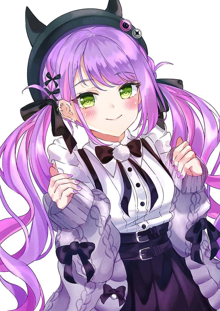 purple haired anime girl, green eyes, black cat ear headband, SD Phone Wallpaper