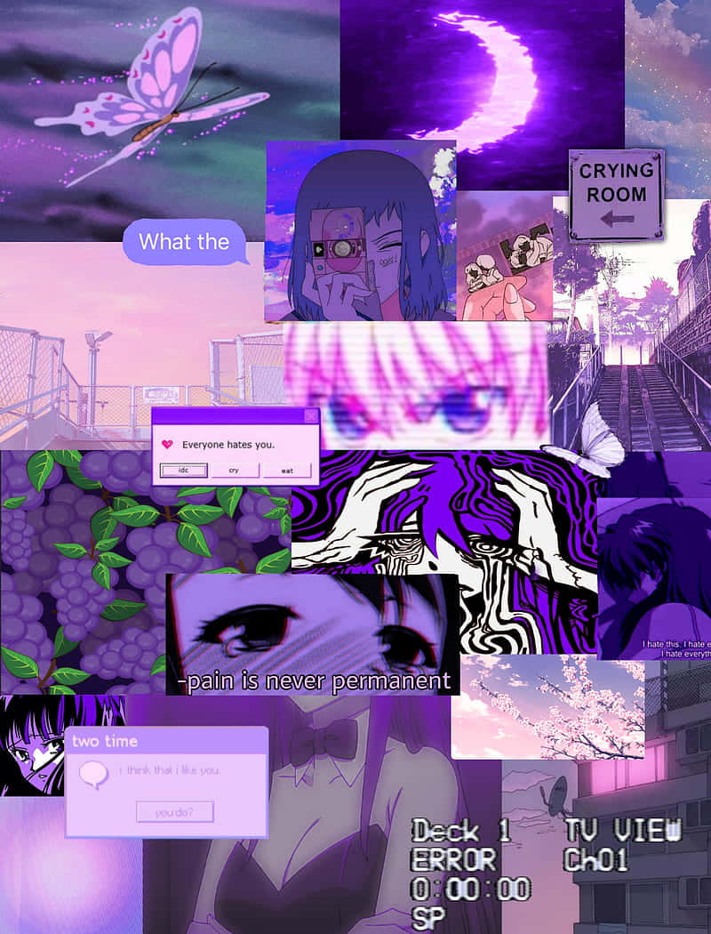 Purple Aesthetic Anime Collage, surreal purple-toned collage, anime characters, SD Phone Wallpaper