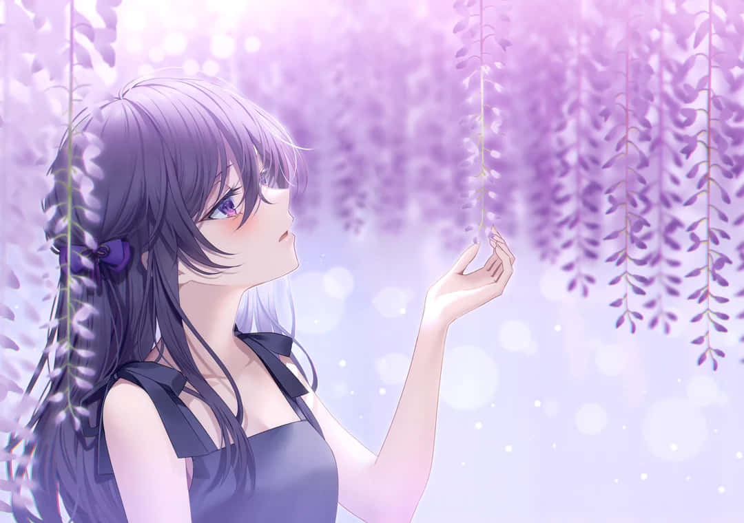 purple haired anime girl, wisteria garden, purple hair, SD Desktop Wallpaper