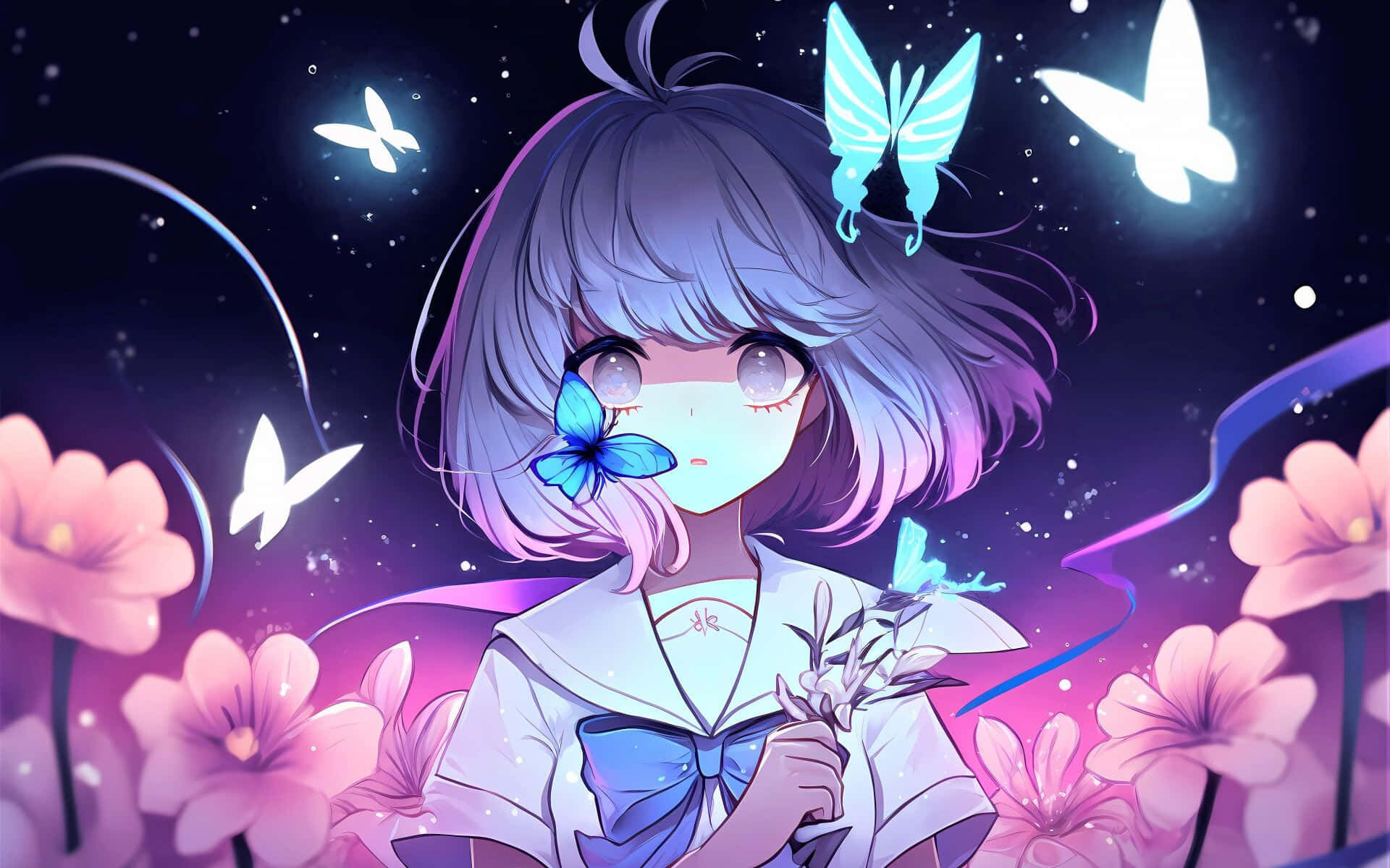 Enchanted Night Butterfly Anime Girl, purple hair, glowing blue butterflies, Full HD Desktop Wallpaper