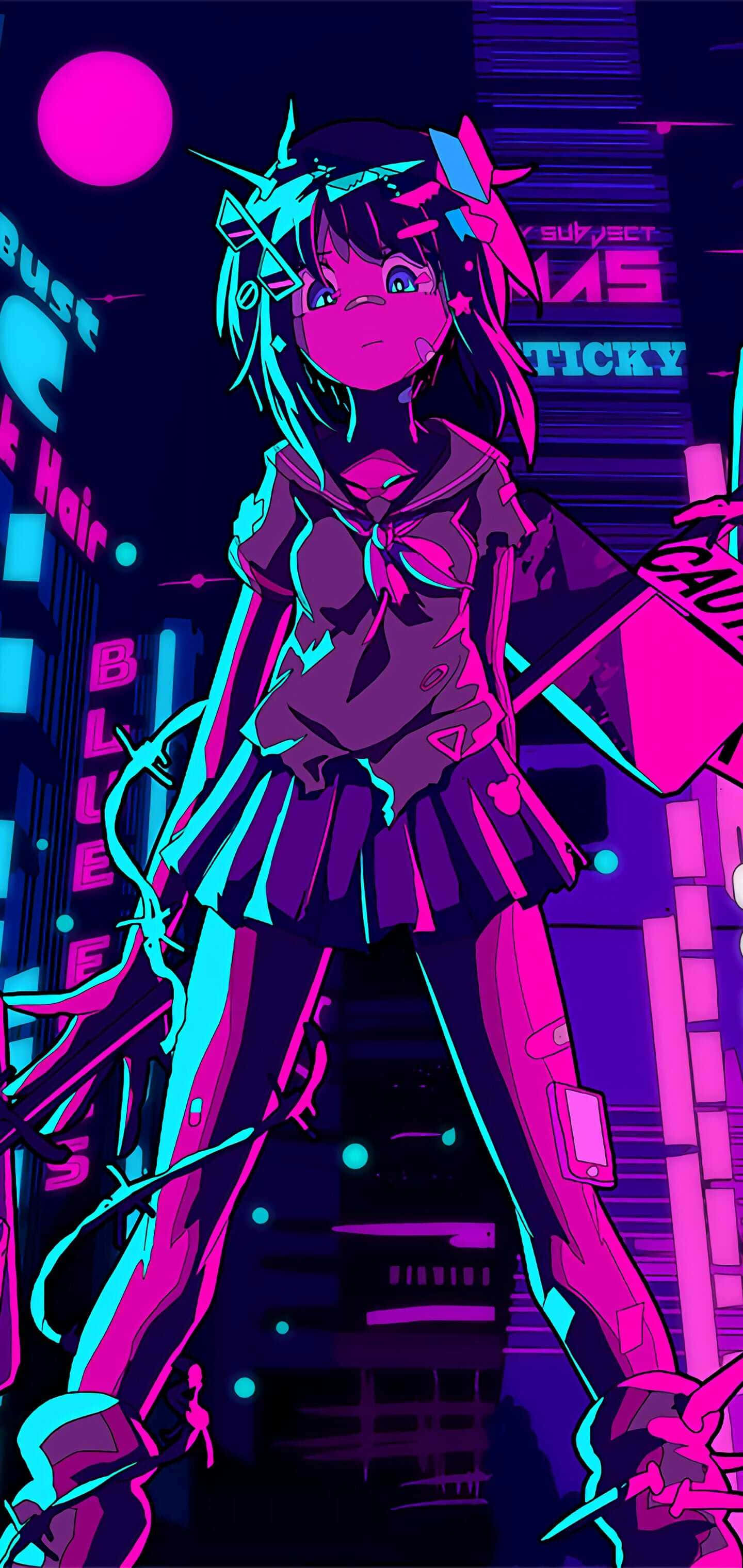 Cyberpunk Anime Girlin Purple Hues, neon-drenched, school uniform, 2K Phone Wallpaper