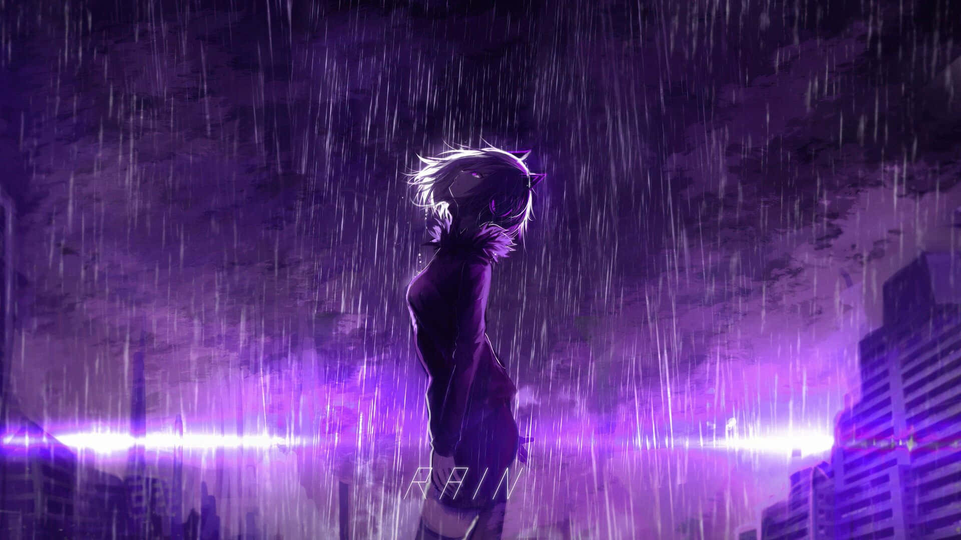 Purple Rain Anime Girl, cat ears, heavy purple rain, Full HD Desktop Wallpaper