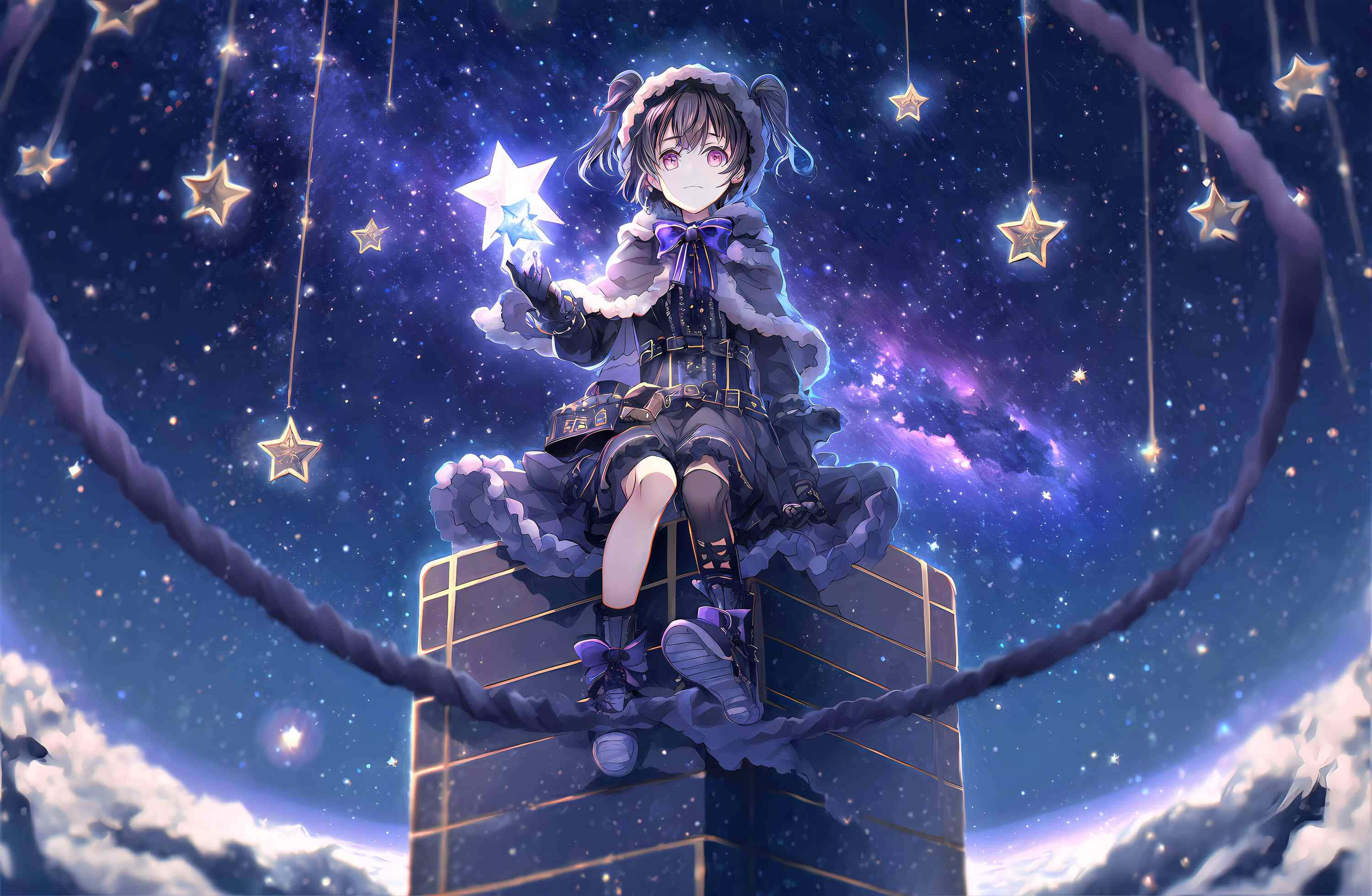 Starry Night, purple anime girl, dark winter coat, 2K Desktop Wallpaper