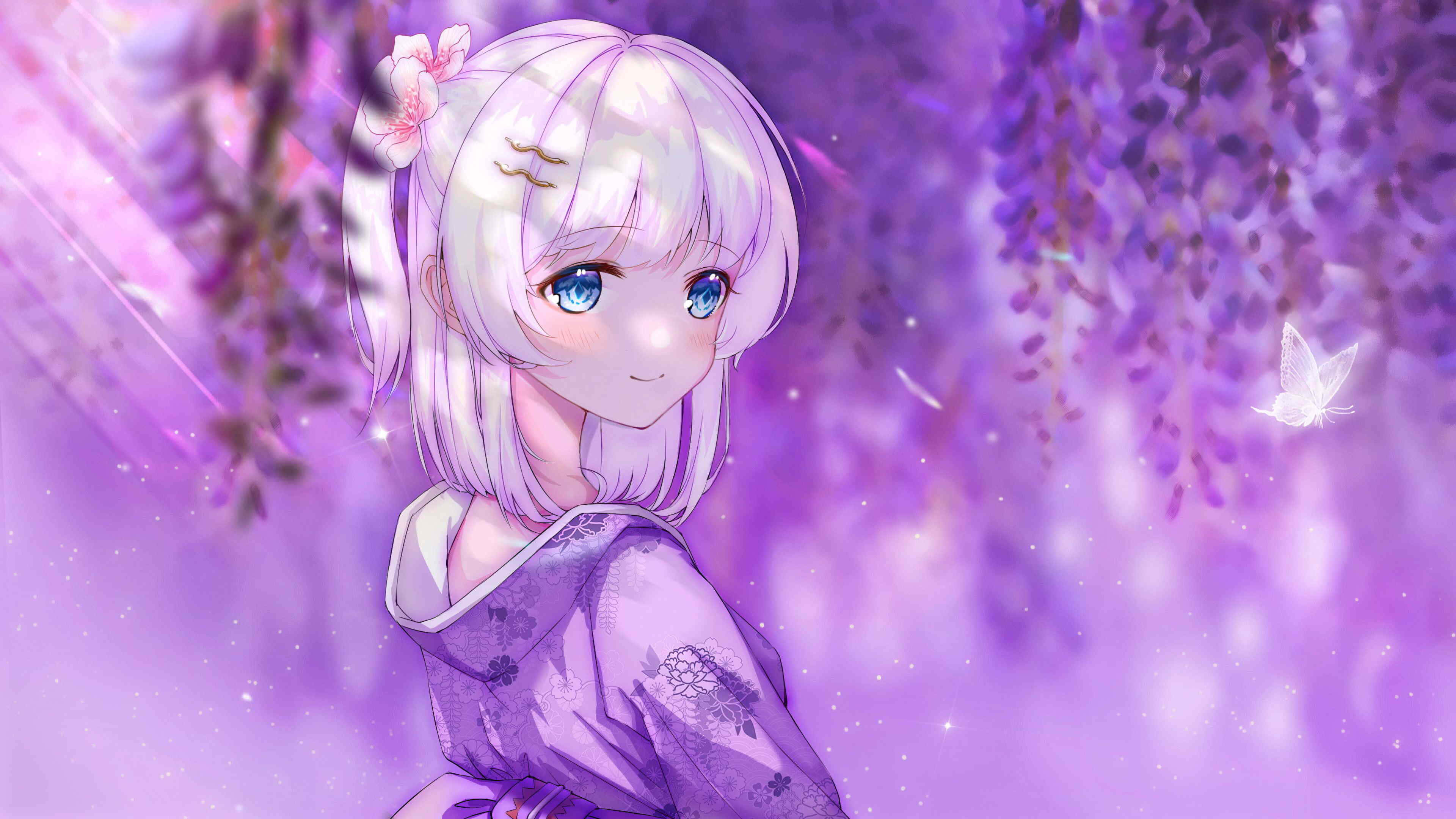 Purple Anime Girl, white hair, blue eyes, 4K Desktop Wallpaper
