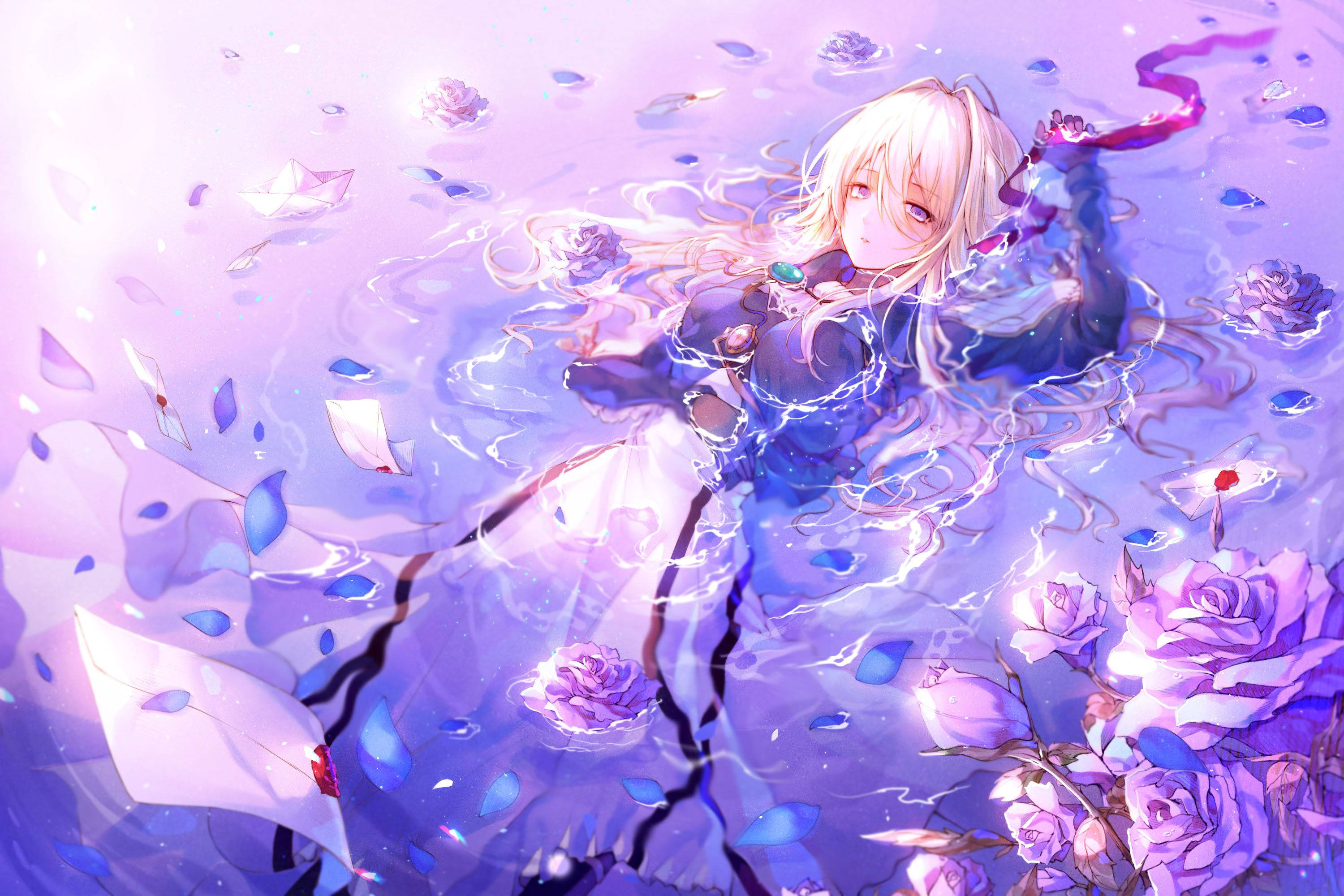 blonde anime girl, dreamy purple liquid, roses, 2K Desktop Wallpaper
