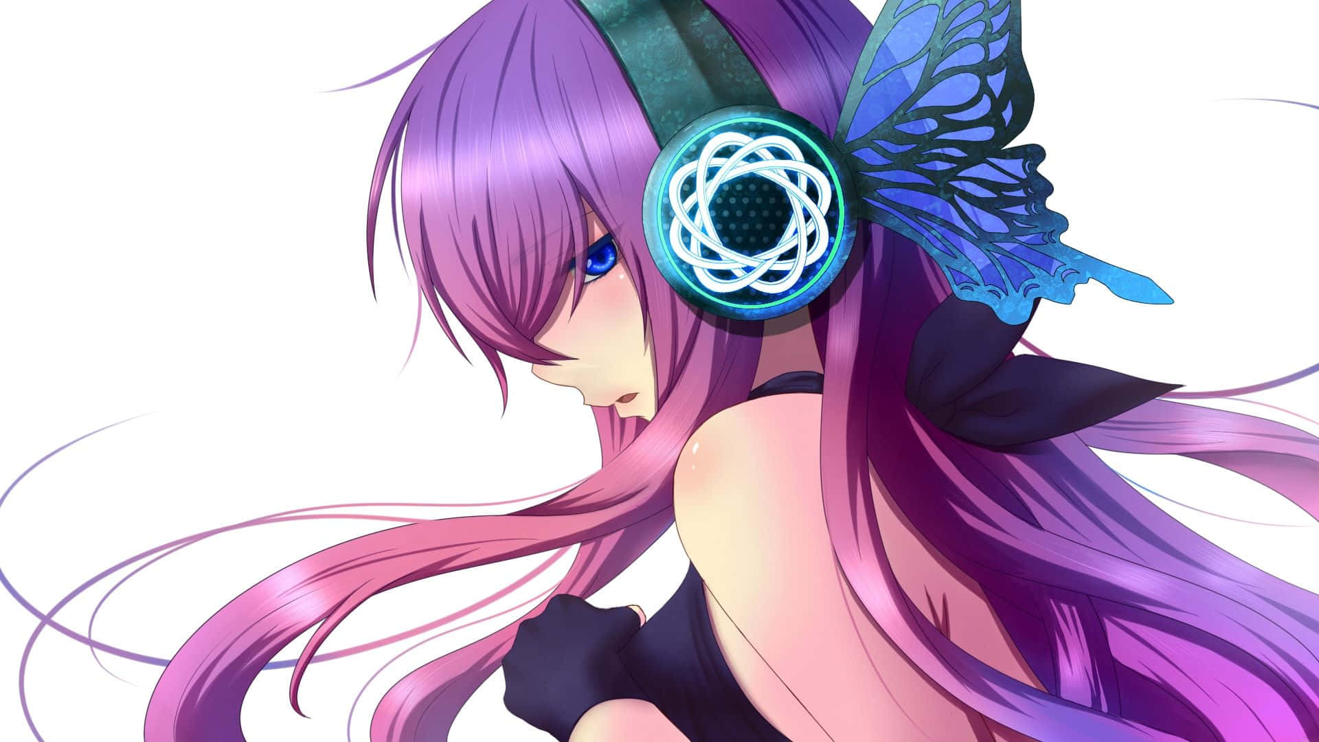 purple-haired anime girl, glowing blue headphone, butterfly wing accessory, Full HD Desktop Wallpaper