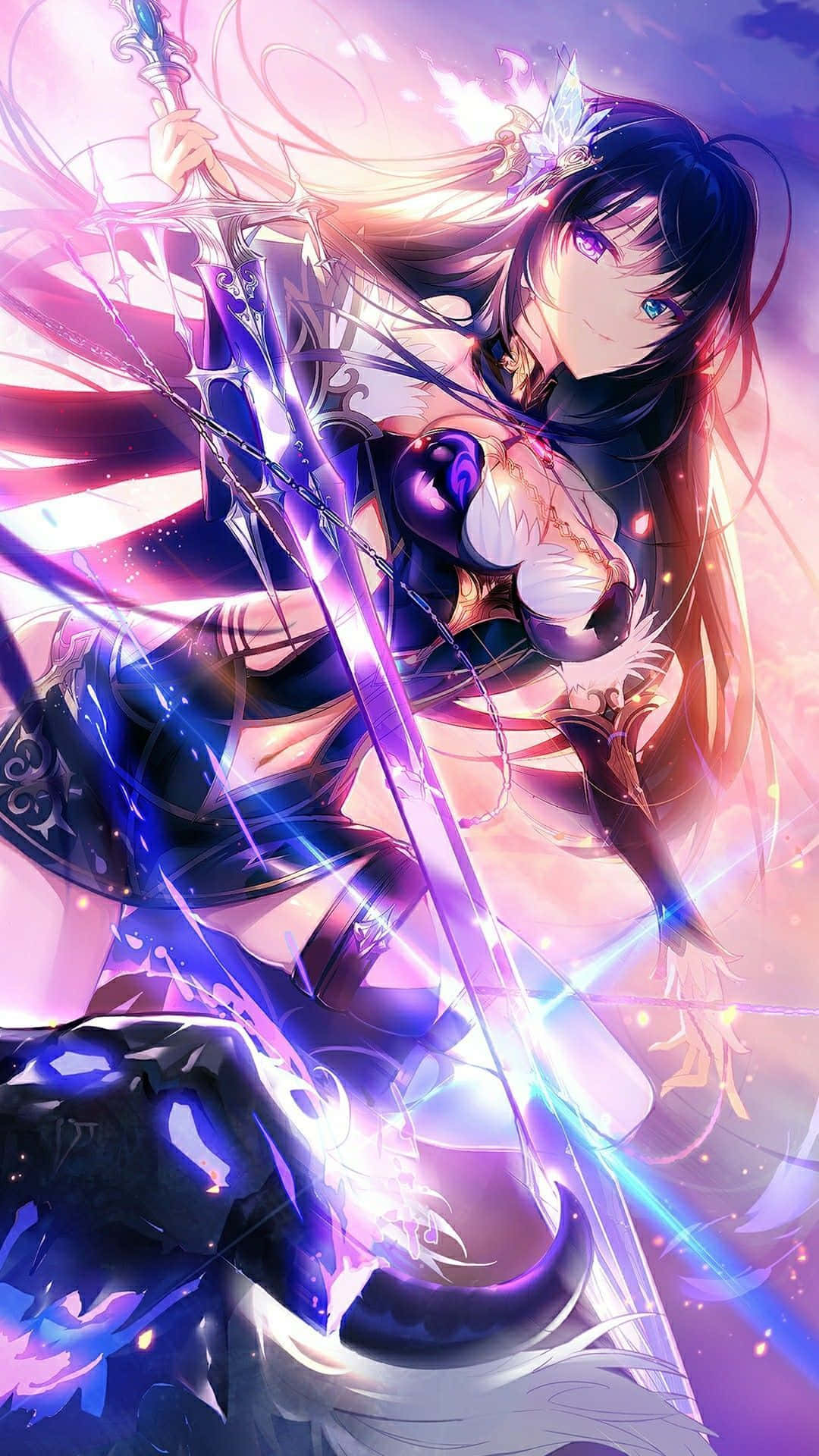 purple anime, anime girl, glowing sword, Full HD Phone Wallpaper