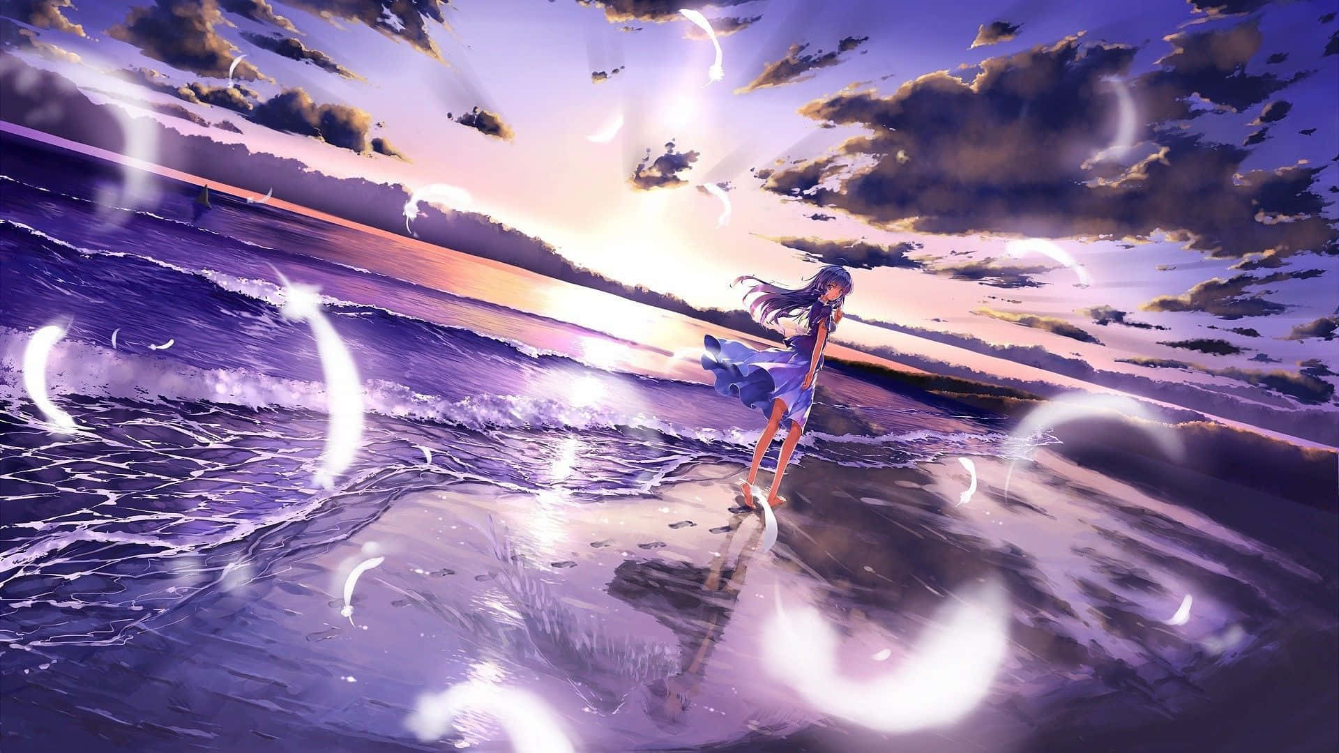 Purple Anime, anime girl, blue dress, Full HD Desktop Wallpaper