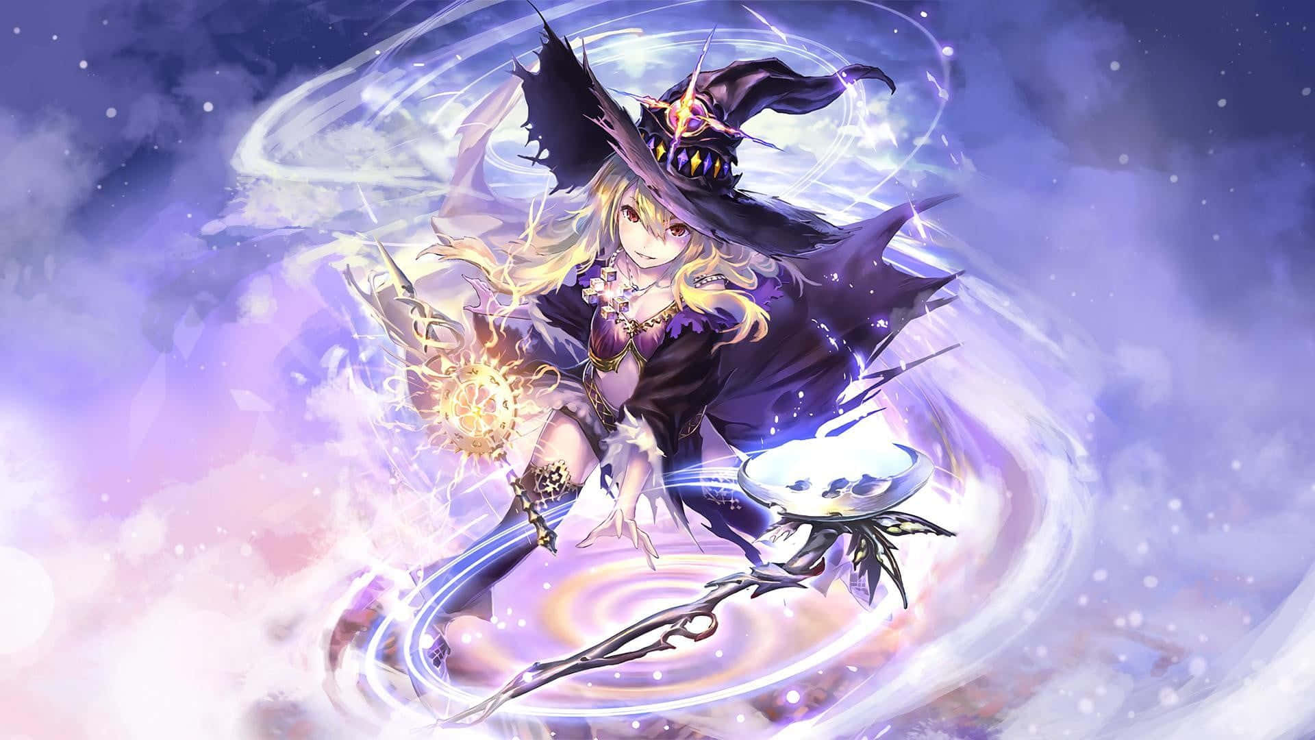 purple anime, blonde anime witch, purple hat, Full HD Desktop Wallpaper