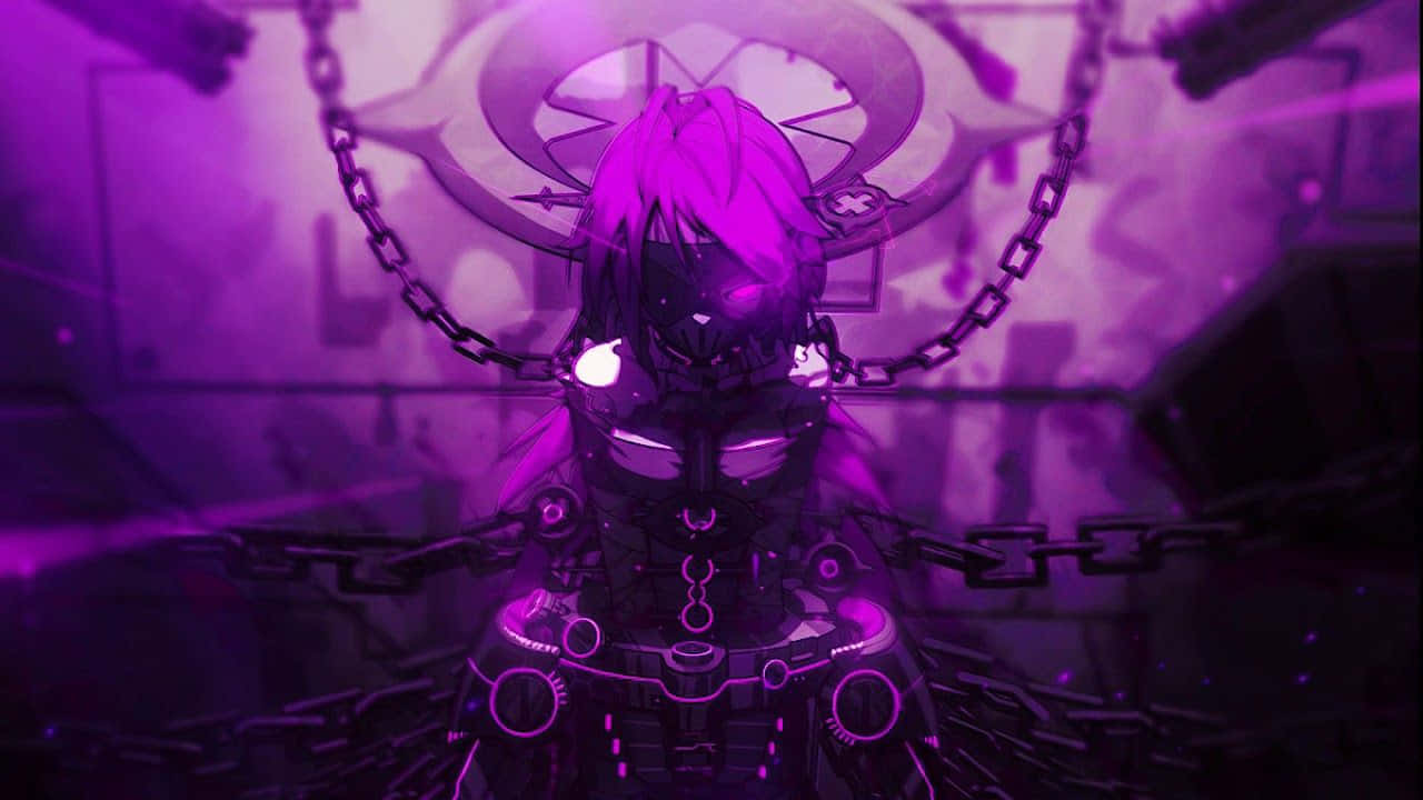 purple anime, cybernetic anime character, glowing purple hair, HD Desktop Wallpaper