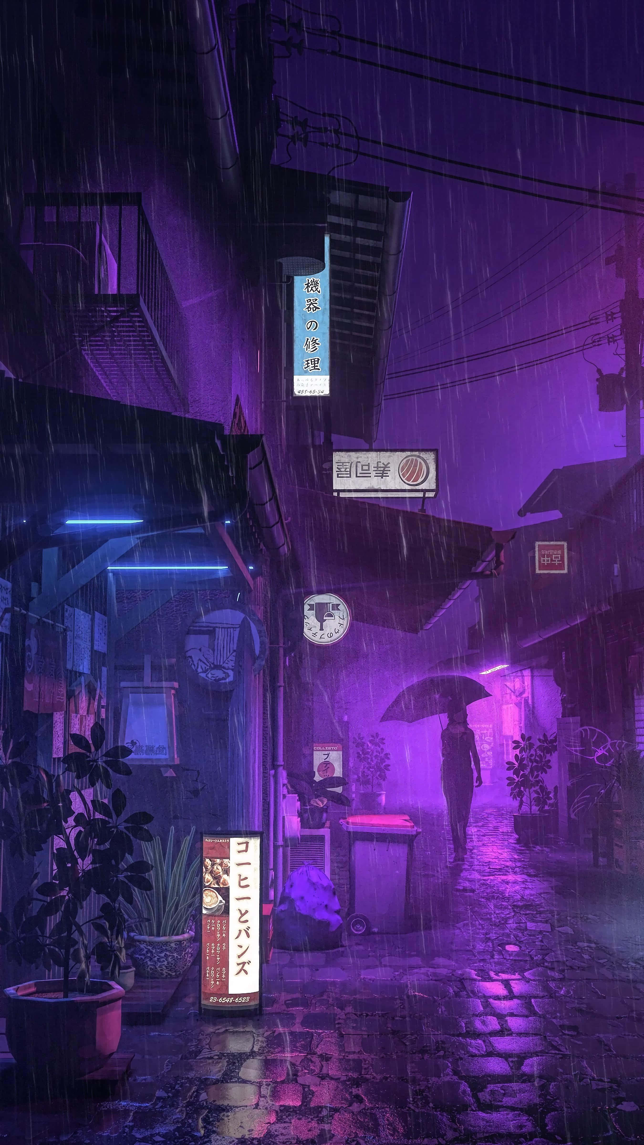 Purple Phone, neon-lit rainy alleyway, streetlights, 4K Phone Wallpaper