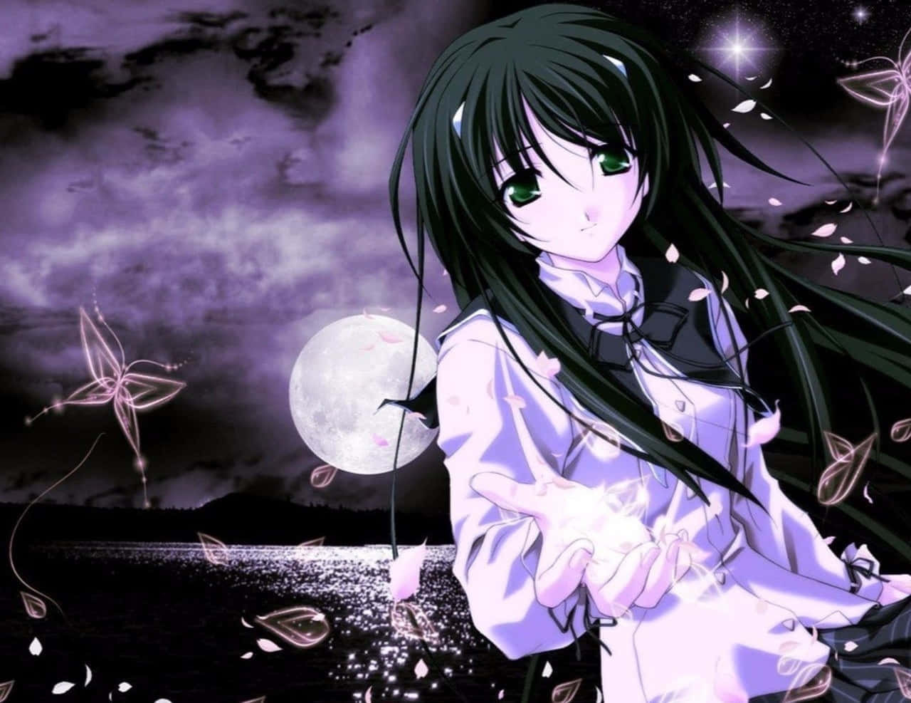 purple anime, young anime girl, long black hair, HD Desktop Wallpaper