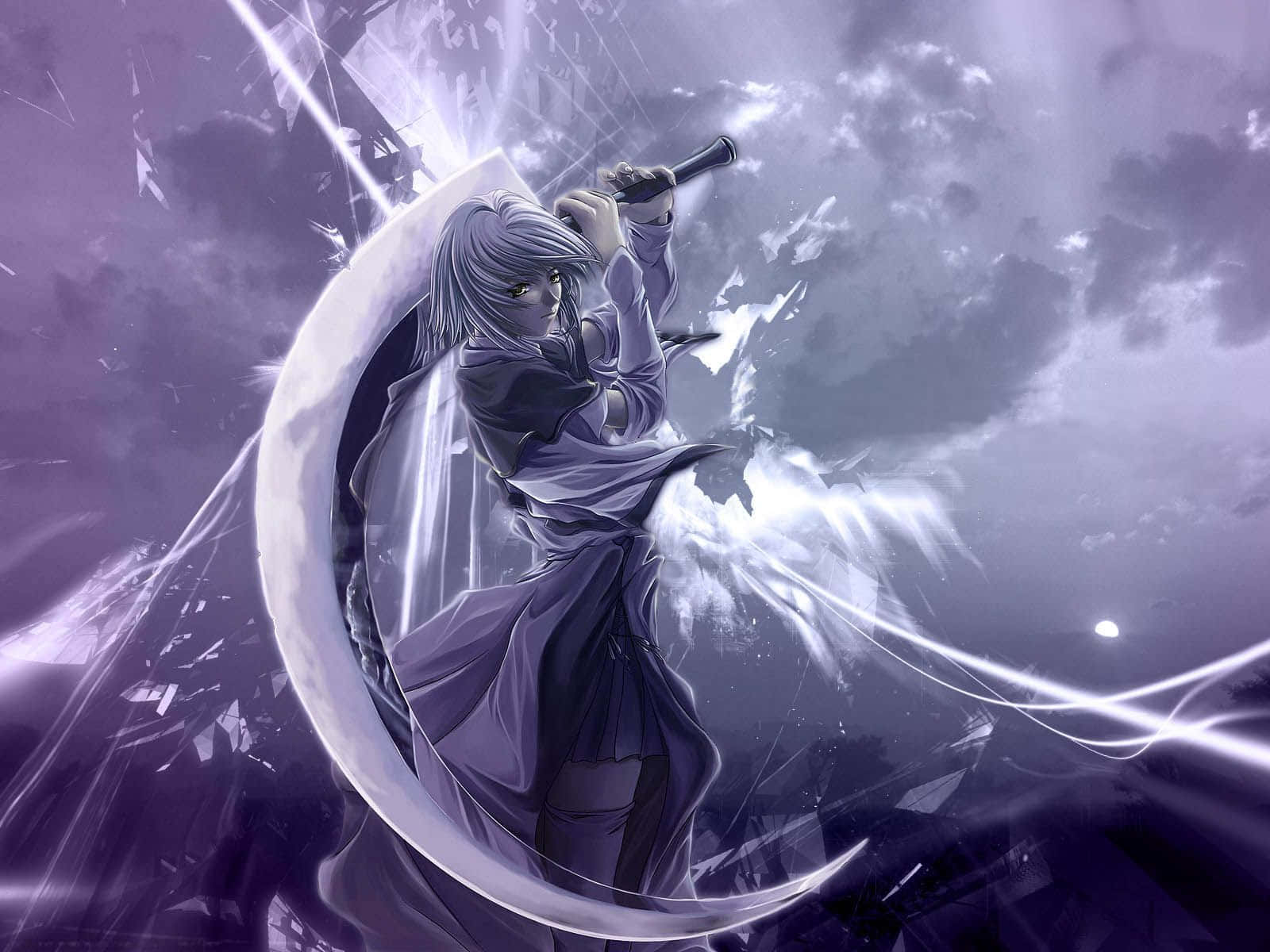 silver-haired anime warrior, glowing crescent blade, shattered glass, HD Desktop Wallpaper