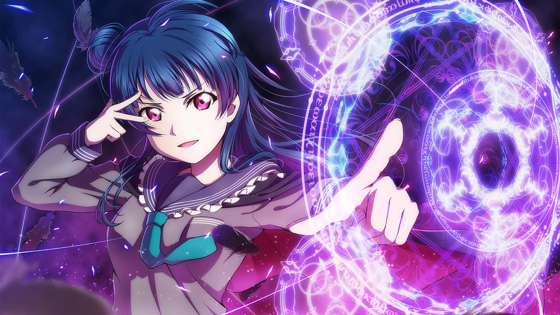 blue-haired anime girl, school uniform, glowing purple magical circle, Full HD Desktop Wallpaper