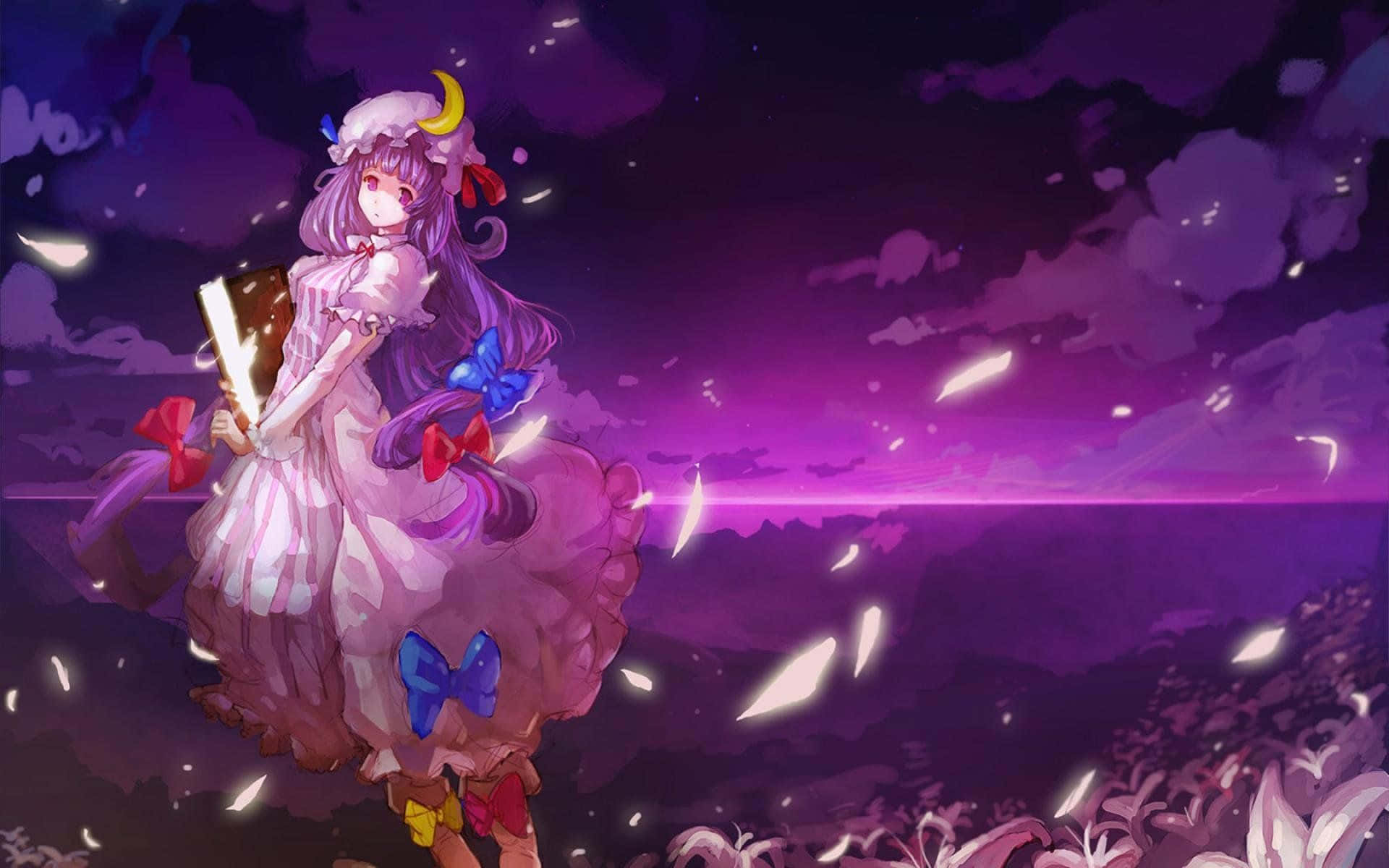 purple-haired anime girl, frilly dress, twilight sky, Full HD Desktop Wallpaper