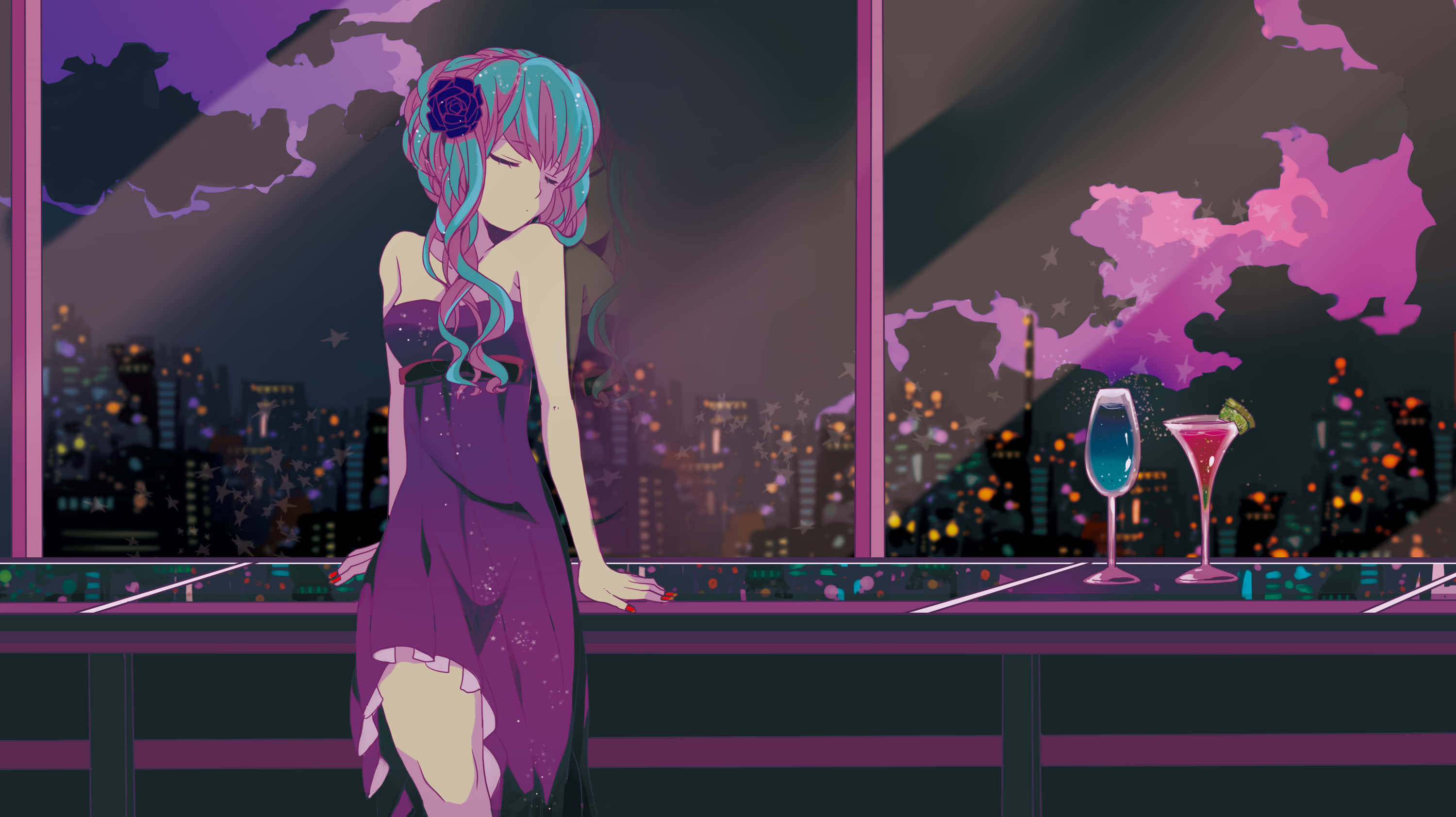 cyan-haired anime girl, purple dress, bar, 2K Desktop Wallpaper