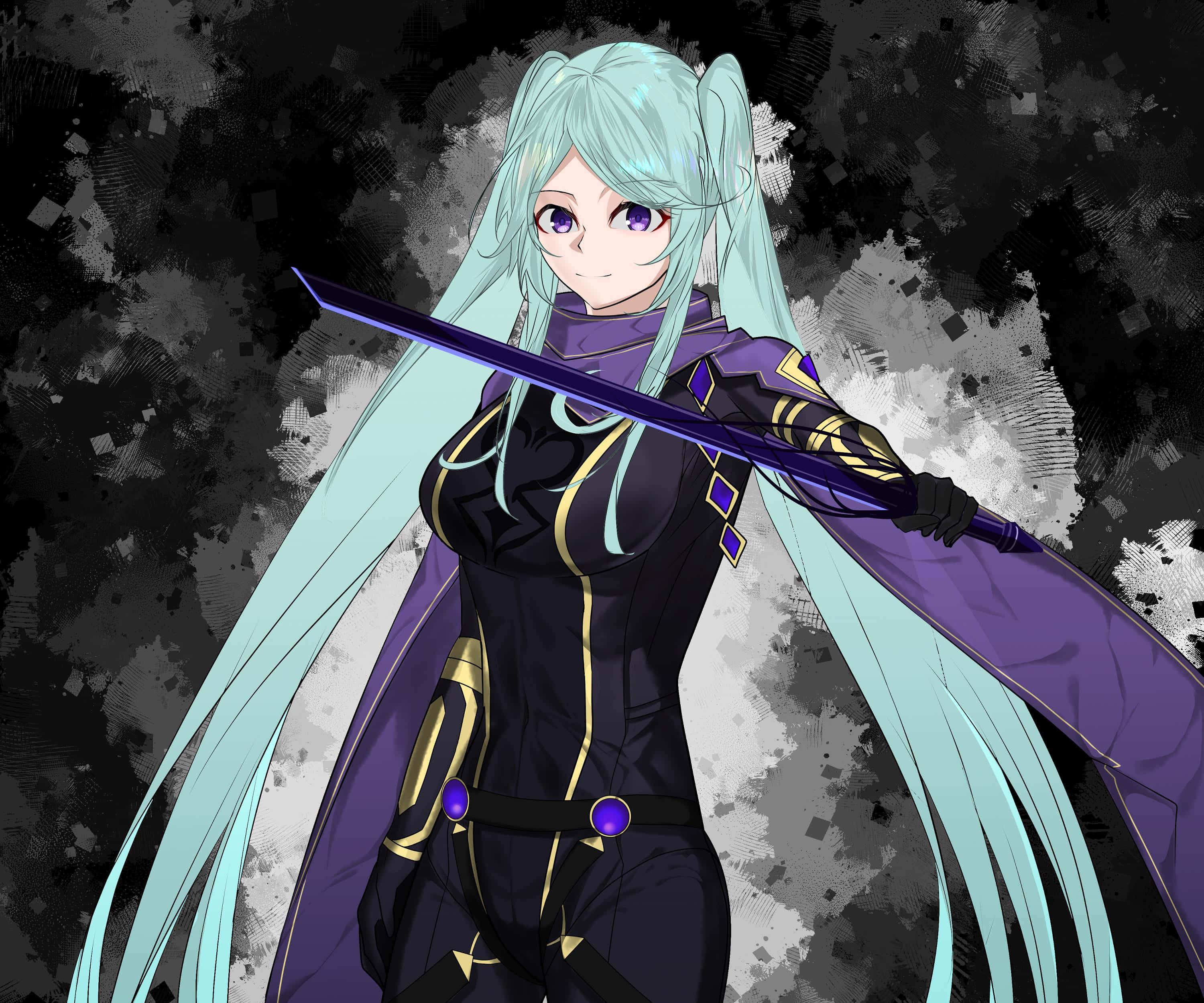 cyan-haired anime warrior, purple and gold armor, glowing sword, 2K Desktop Wallpaper