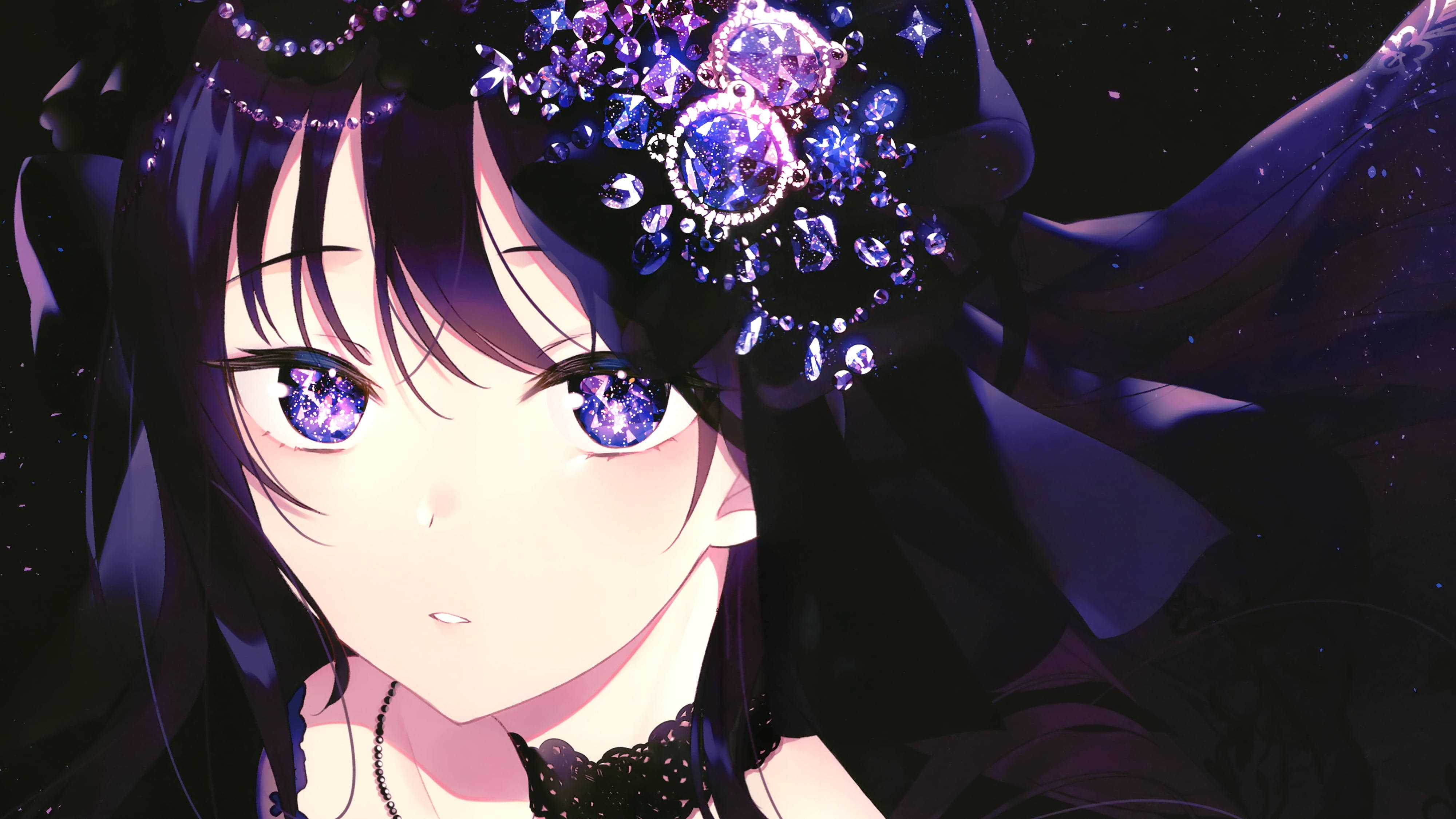 anime girl, glowing purple eyes, jeweled headpiece, 4K Desktop Wallpaper