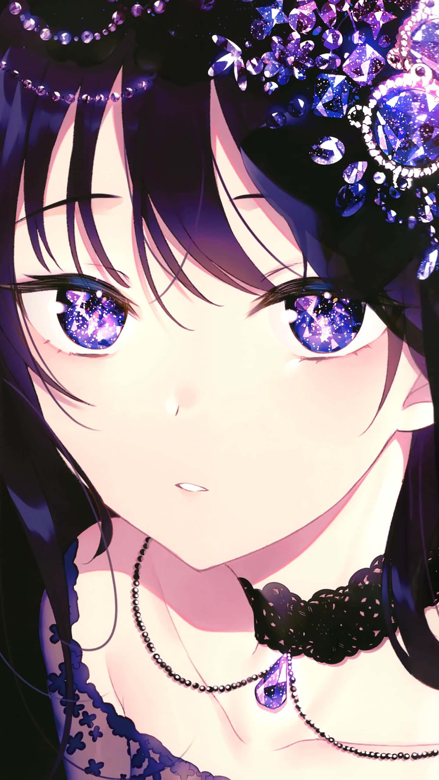 mystic purple eyed anime girl, galaxy eyes, purple gemstone hair accessories, 2K Phone Wallpaper