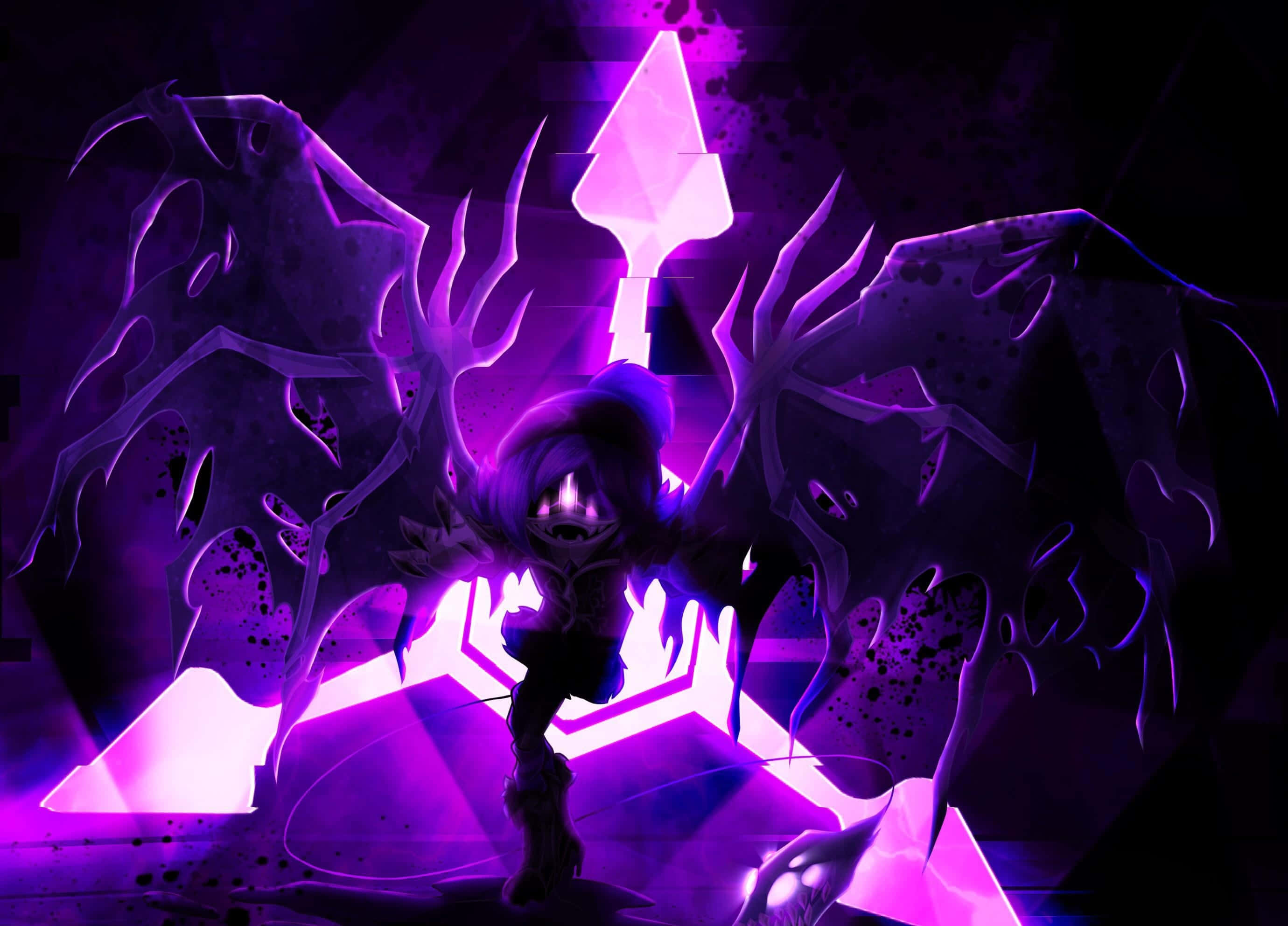 glowing purple wings, radiant spear, dark crystalline landscape, 2K Desktop Wallpaper
