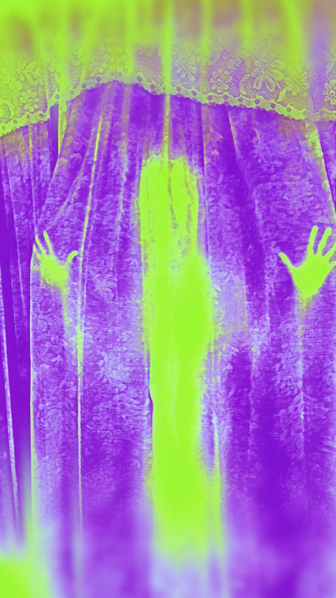 neon green silhouette, vibrant purple curtains, lace trim, Full HD Phone Wallpaper