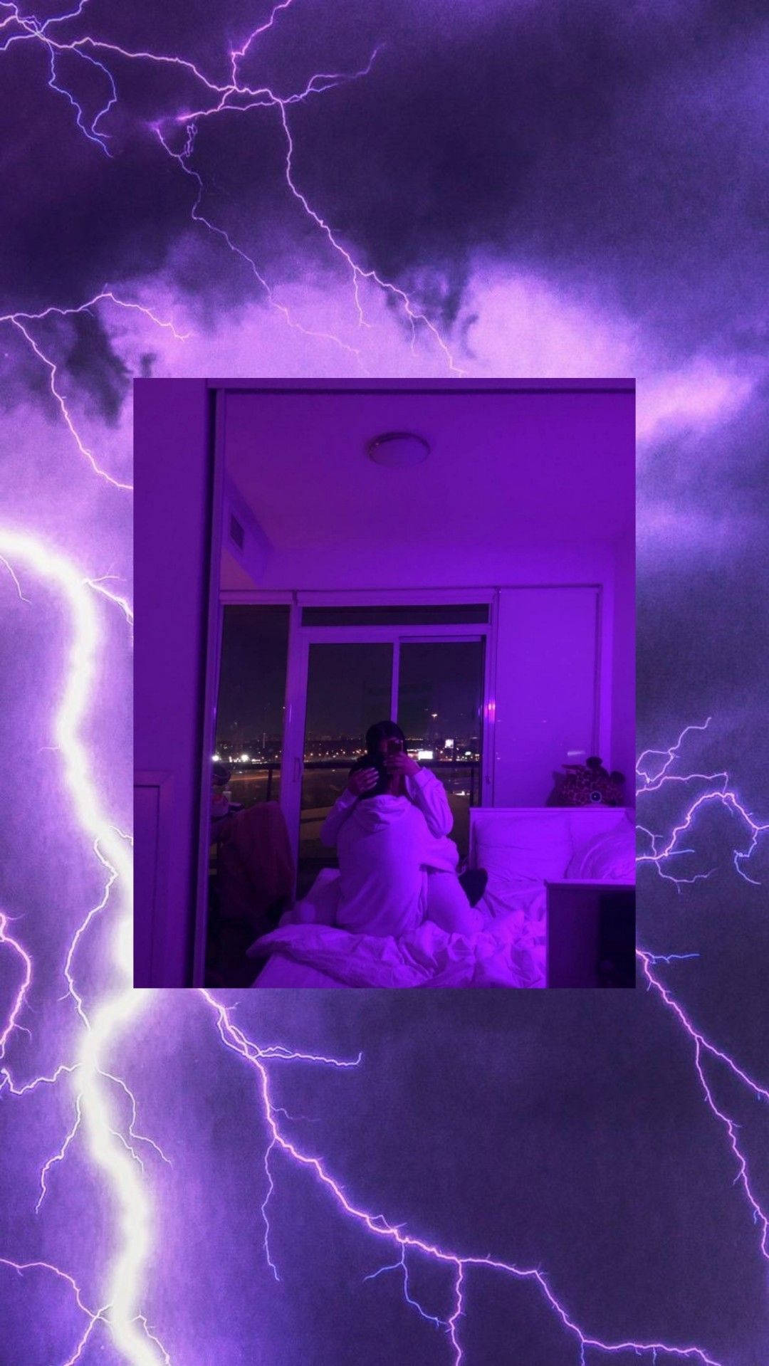 purple lightning, stormy sky, bed, HD Phone Wallpaper