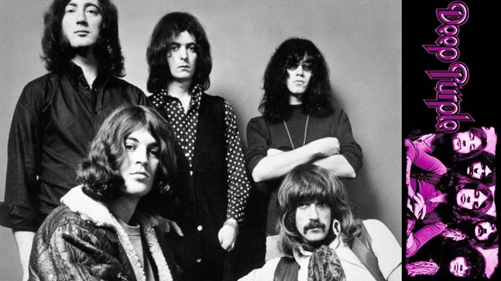 Deep Purple, black and white studio shot, vibrant purple logo collage, HD Desktop Wallpaper