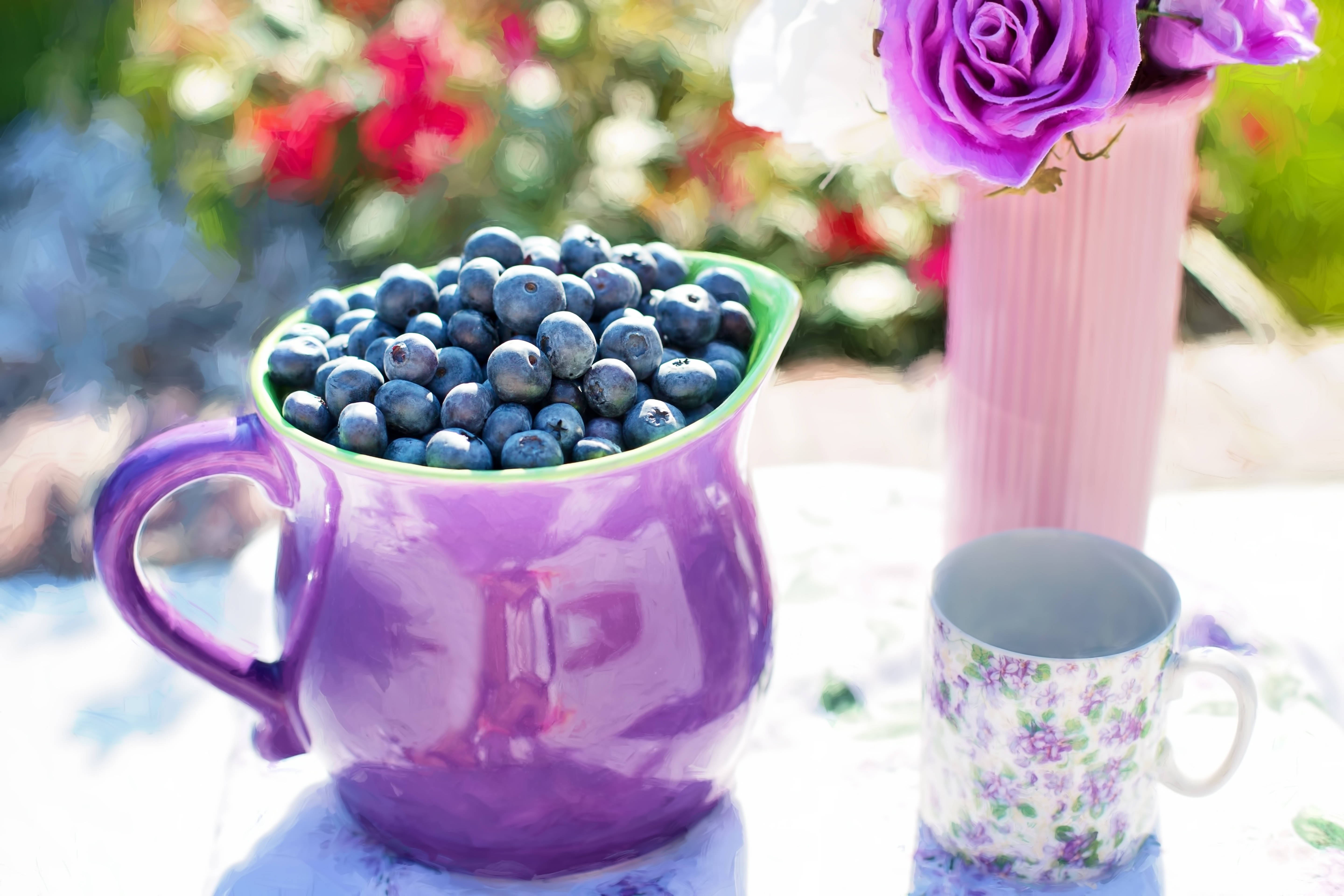 blueberry filled purple ceramic jug, vibrant purple mug, fresh blueberries, 5K Desktop Wallpaper