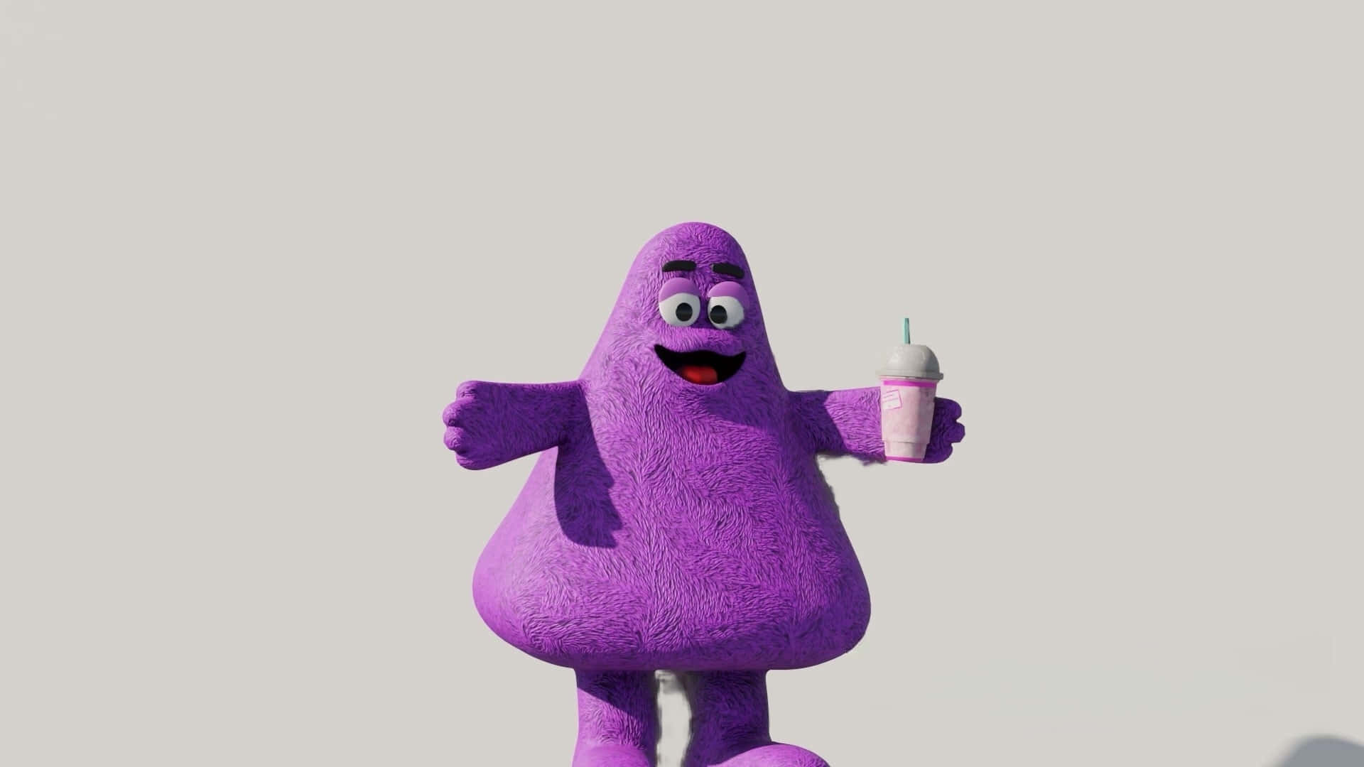 purple character, pink drink cup, gray background, Full HD Desktop Wallpaper