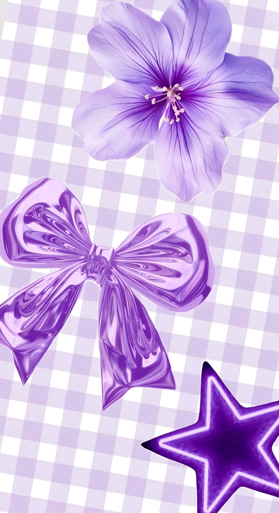 Purple Bow, floral star, lavender gingham background, Full HD Phone Wallpaper