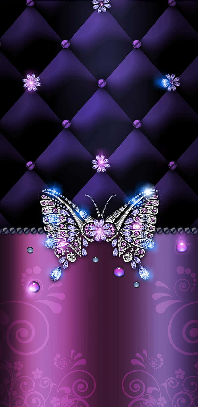 Purple Butterfly iPhone, glittering jeweled butterfly, purple tufted background, HD Phone Wallpaper