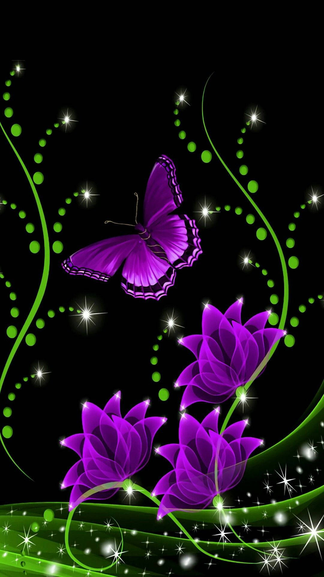 purple butterfly, radiant purple flowers, black background, Full HD Phone Wallpaper
