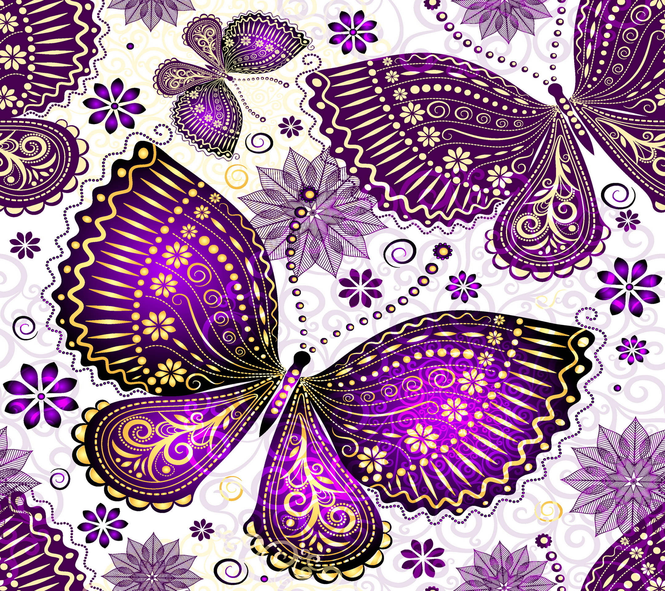 Purple Butterfly, gold filigree wings, floral motifs, Full HD Desktop Wallpaper