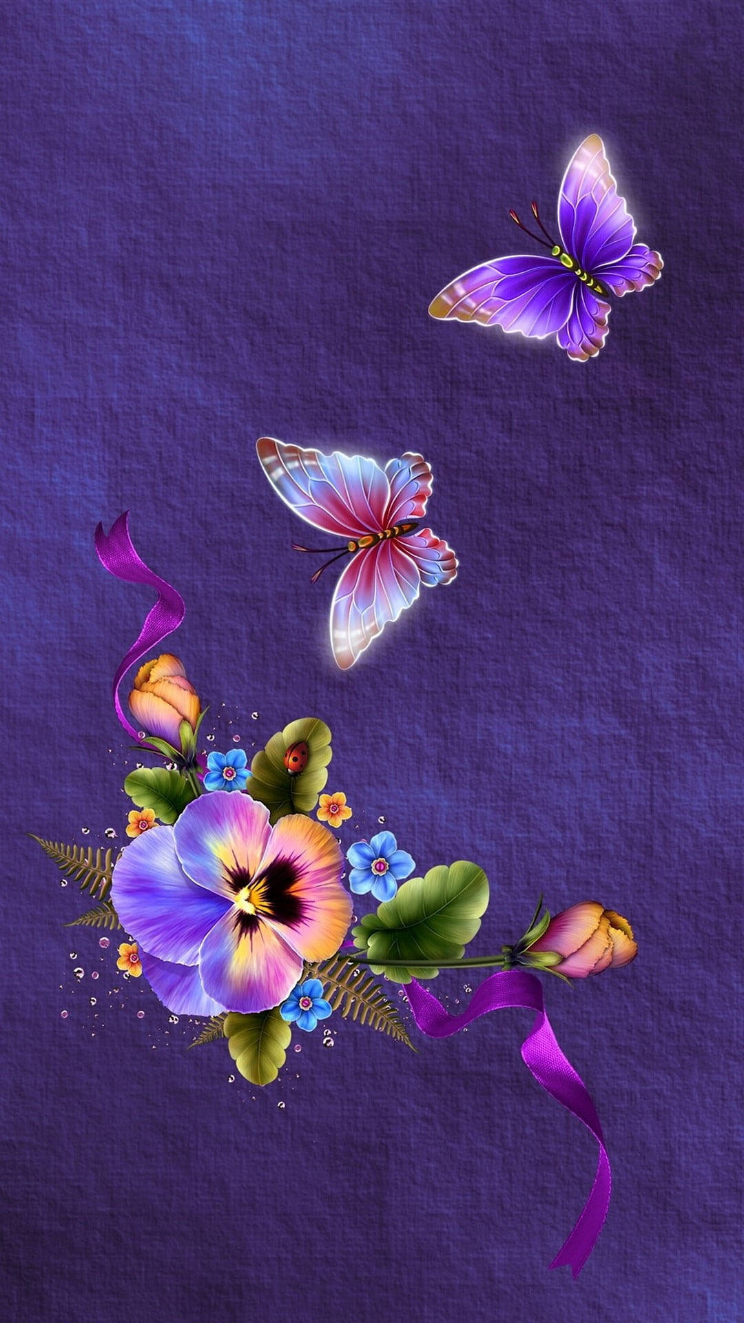 Monkey Flower, Purple Butterfly, deep purple background, Full HD Phone Wallpaper