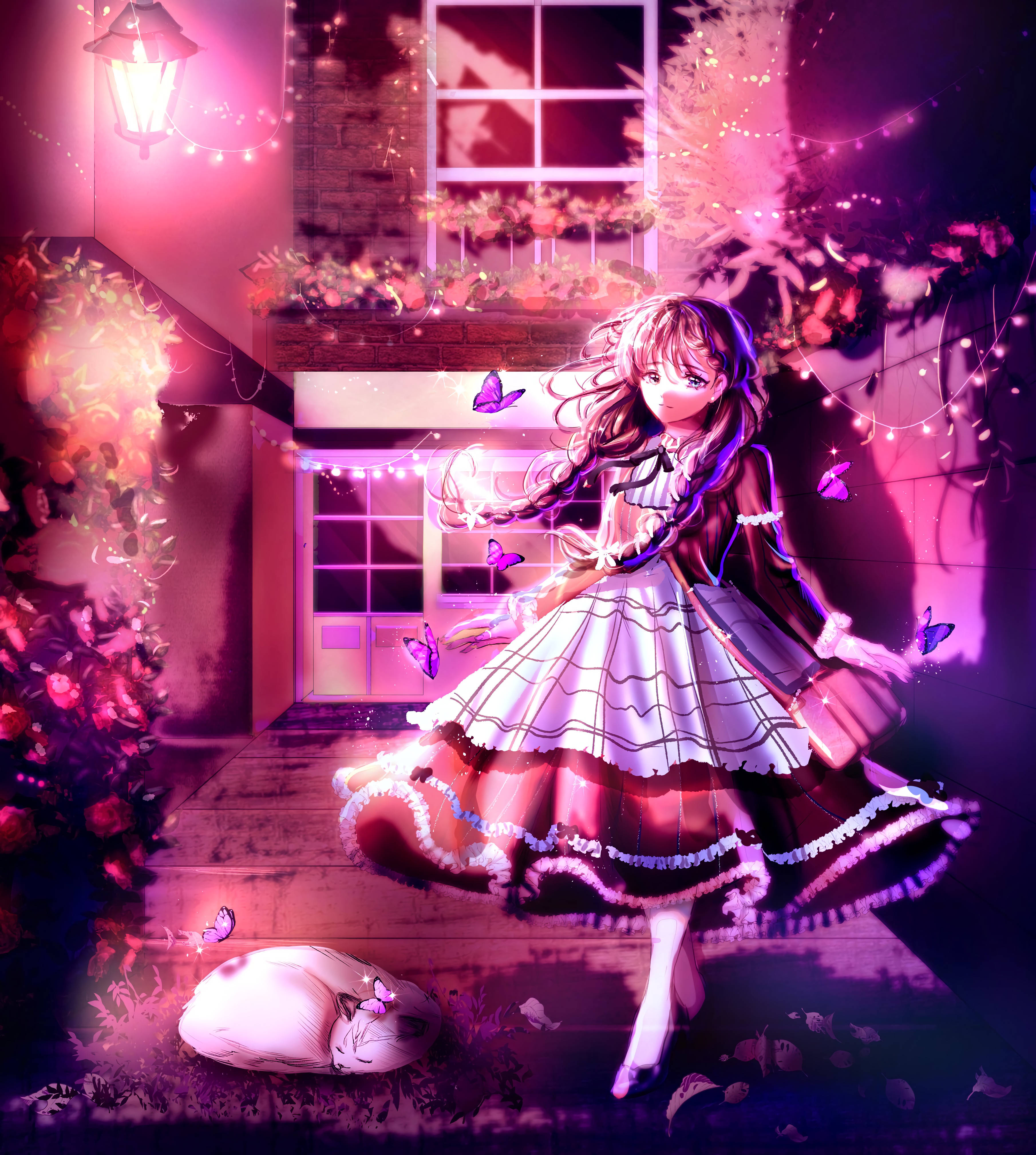anime girl, purple butterflies, frilly dress, 4K Phone Wallpaper