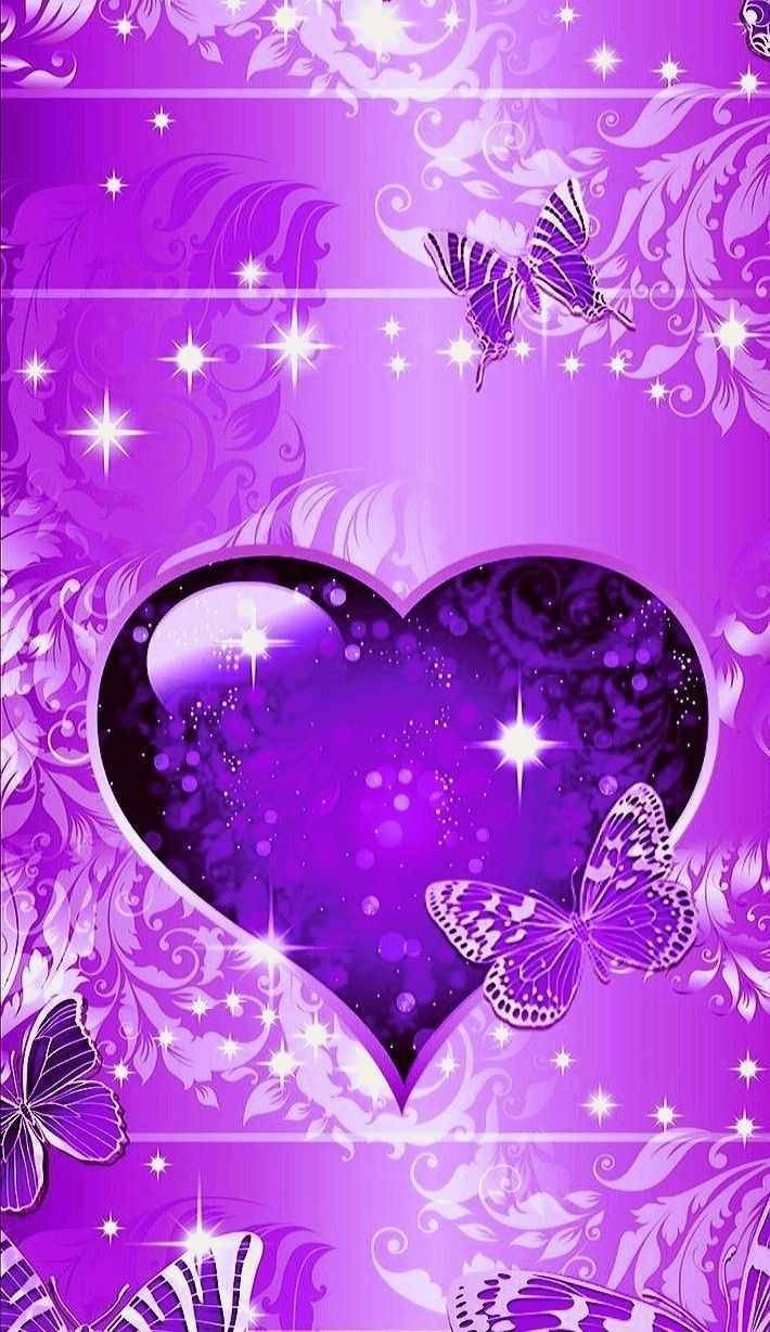purple heart, purple butterflies, glowing purple heart, SD Phone Wallpaper