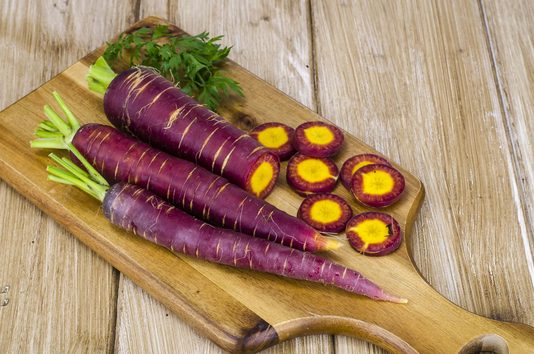Purple Carrots, rustic wooden cutting board, fresh parsley, Full HD Desktop Wallpaper