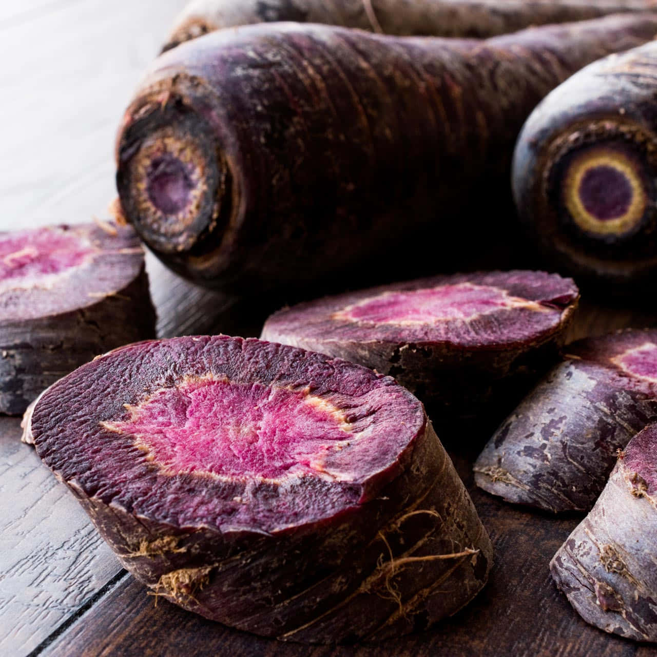 Purple Carrots, magenta, rustic wooden surface, HD Desktop Wallpaper