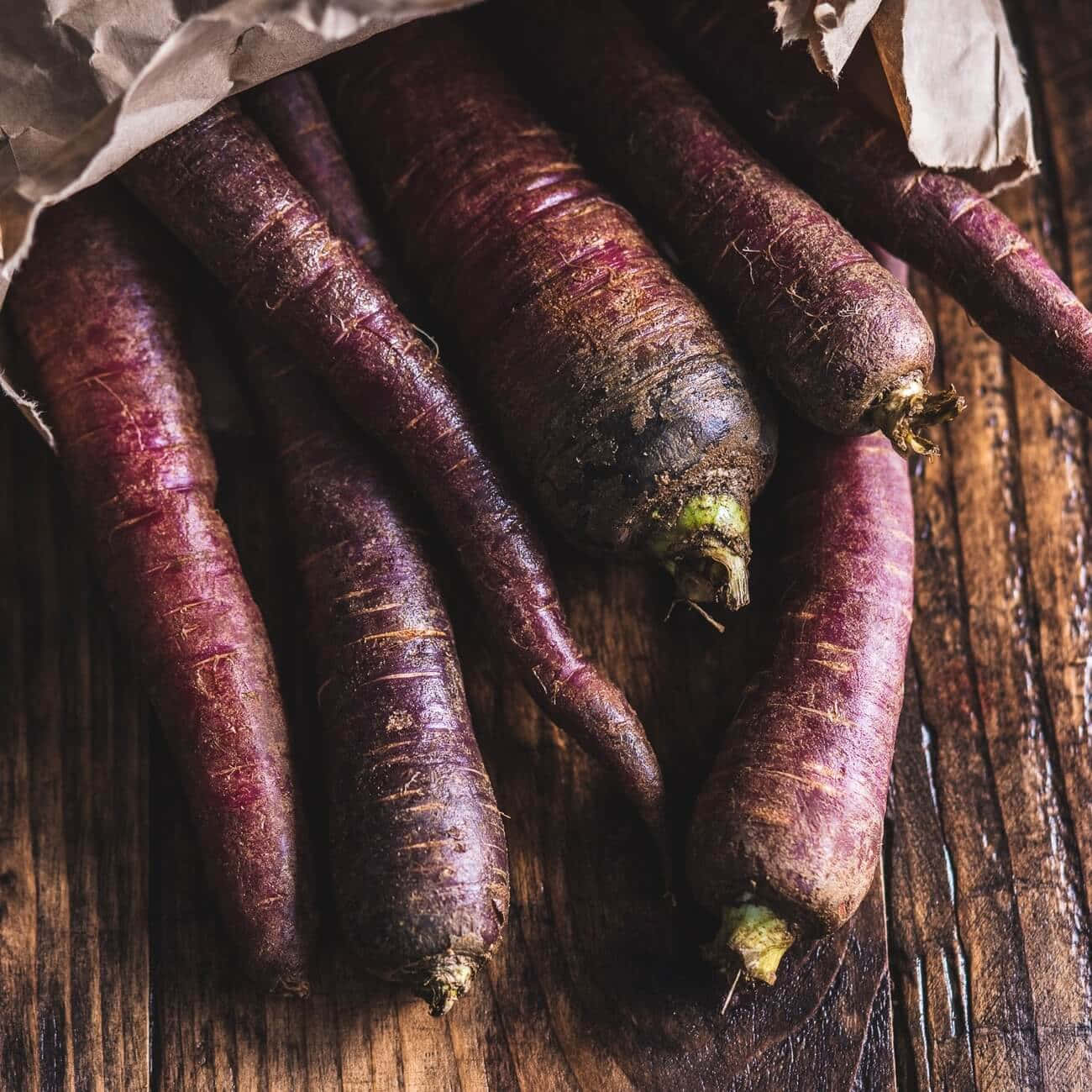 Purple Carrots, crinkled paper, weathered wooden surface, HD Desktop Wallpaper