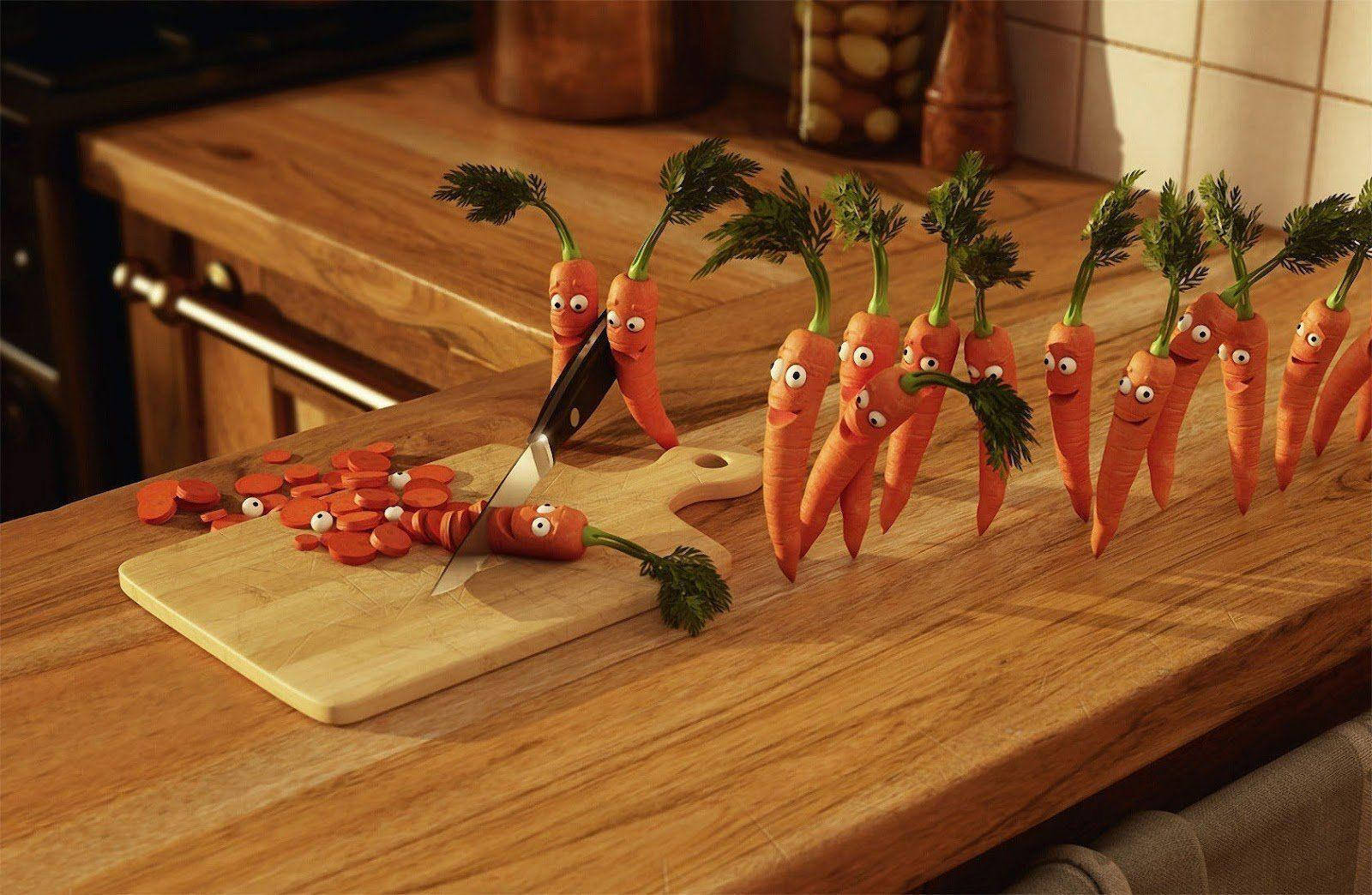 Weird Alive Carrots, googly eyes, wooden countertop, HD Desktop Wallpaper