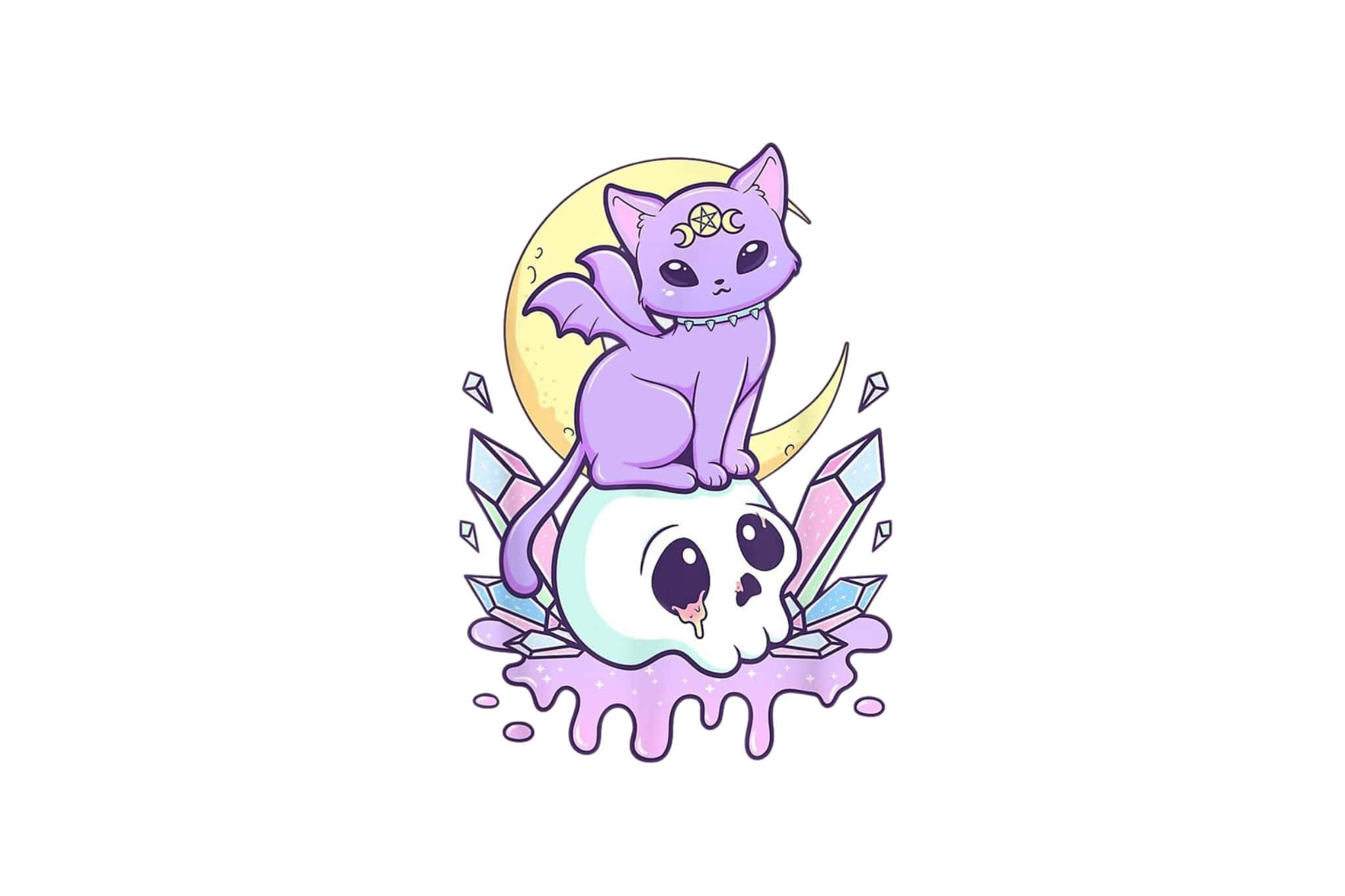 Purple Cat, moon crown, melting skull, Full HD Desktop Wallpaper