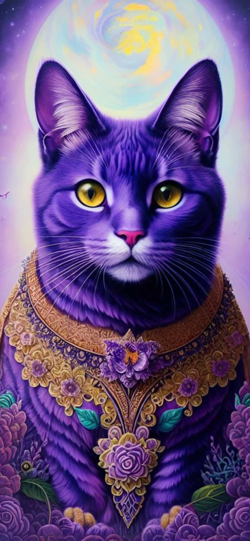 majestic purple cat, golden eyes, ornate floral collar, HD Phone Wallpaper
