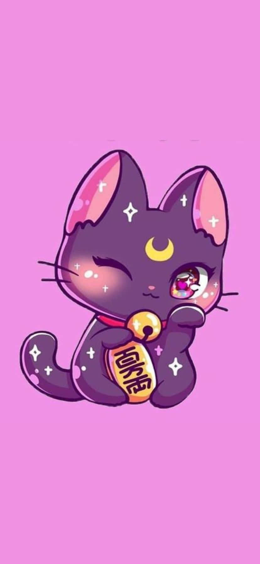 Purple Cat, crescent moon, golden bell, HD Phone Wallpaper
