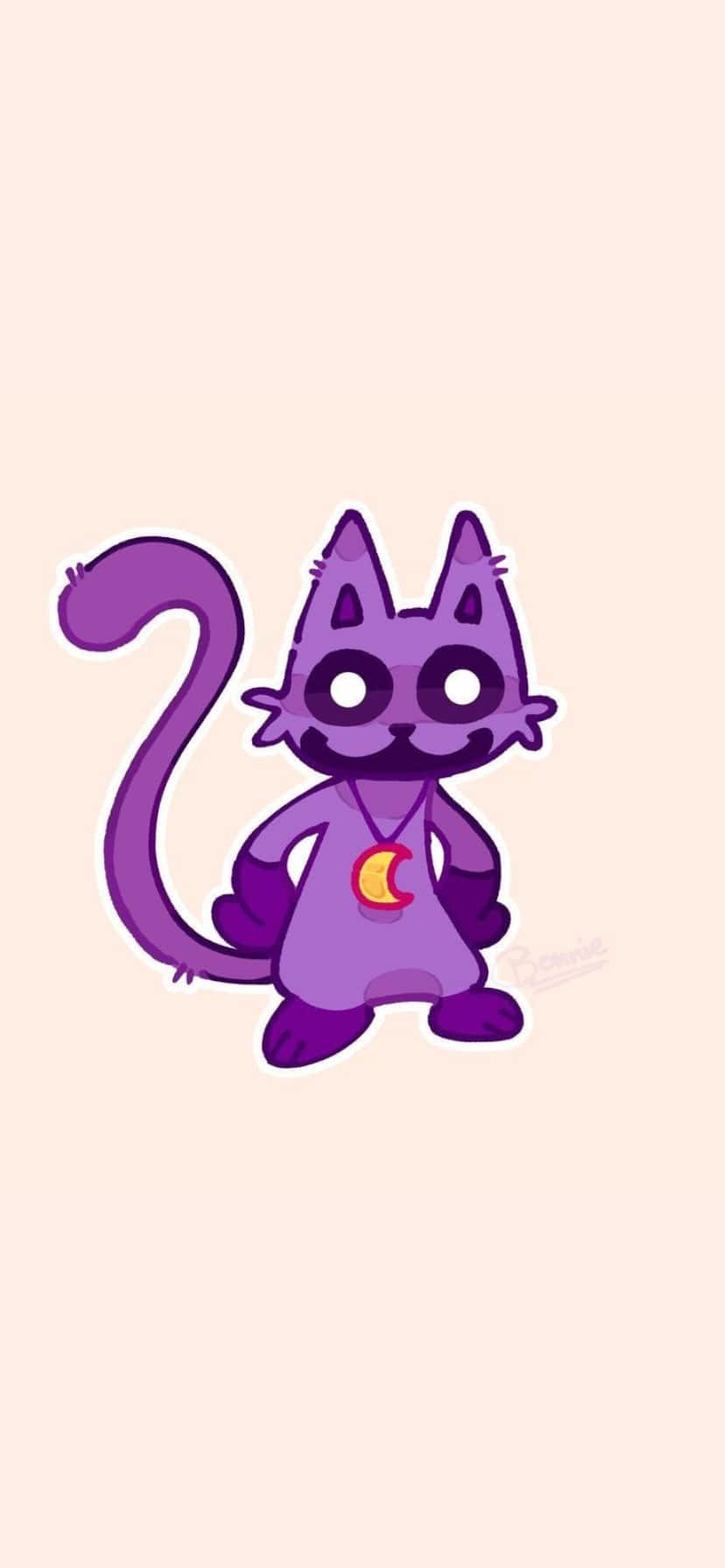 purple cartoon cat, big eyes, crescent moon necklace, HD Phone Wallpaper